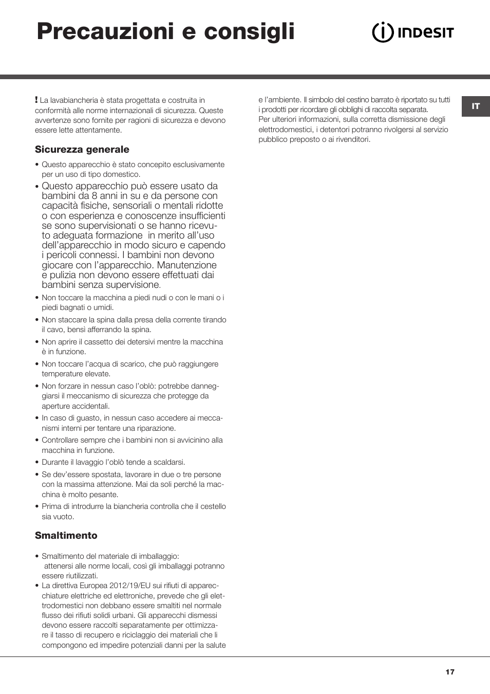 Precauzioni e consigli | Indesit IWE-81683-B-C-ECO-EU User Manual | Page 17 / 60