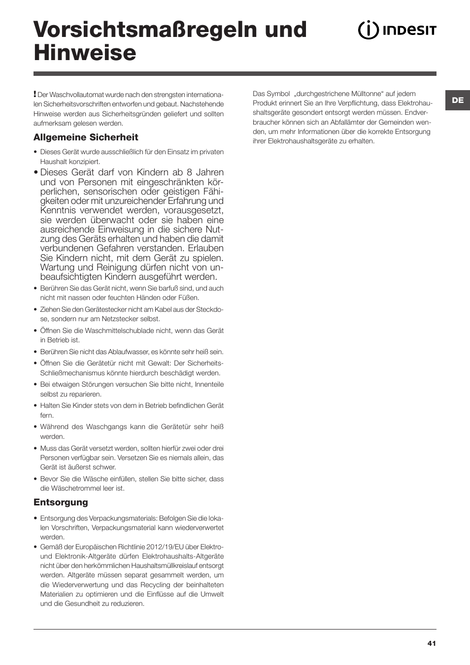 Vorsichtsmaßregeln und hinweise | Indesit IWE-81683-B-C-ECO-EU User Manual | Page 41 / 60