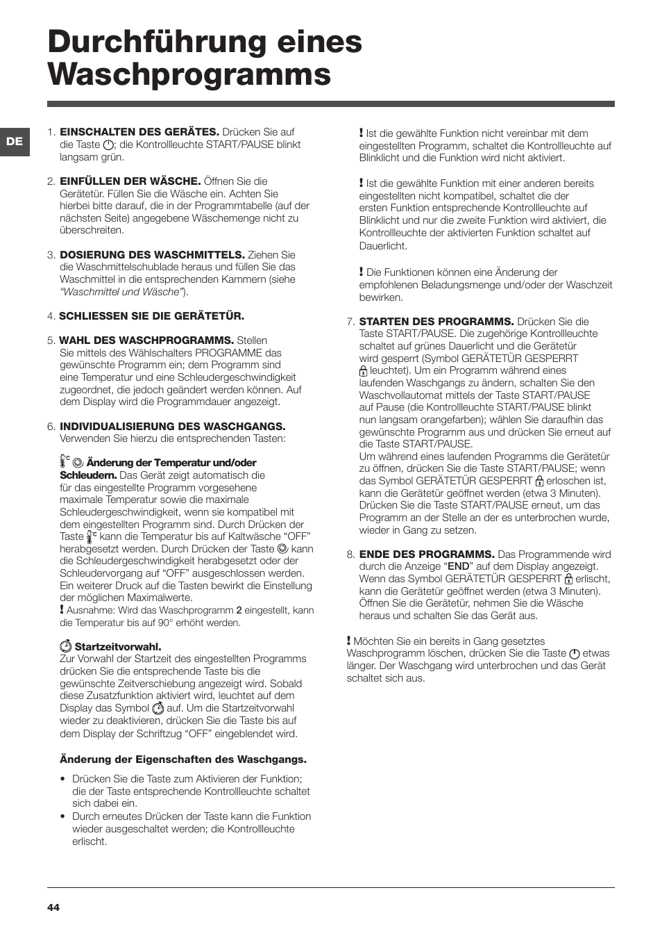Durchführung eines waschprogramms | Indesit IWE-81683-B-C-ECO-EU User Manual | Page 44 / 60