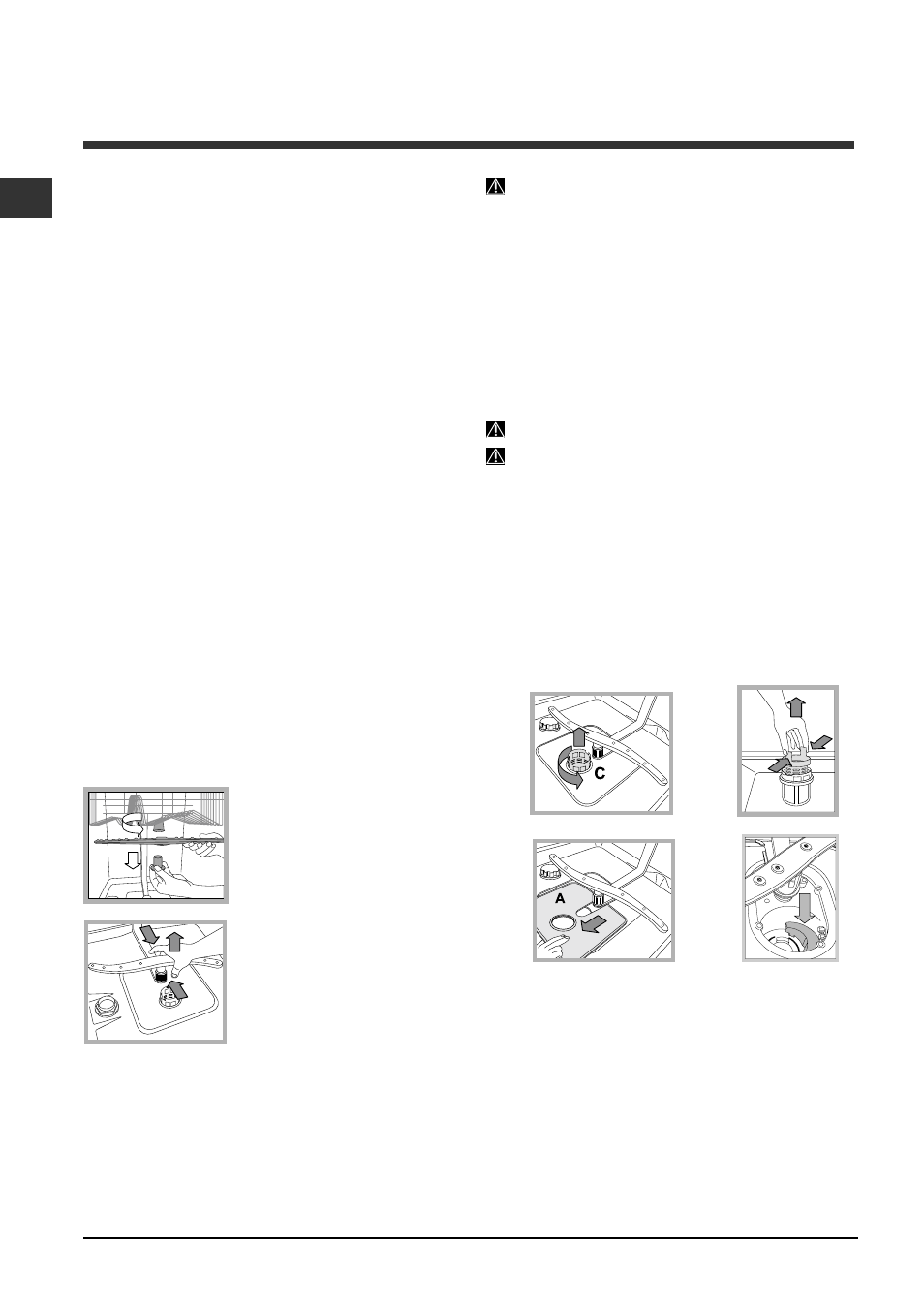 Care and maintenance, Shutting off the water and electricity supplies, Cleaning the dishwasher | Preventing unpleasant odours, Cleaning the sprayer arms, Cleaning the water inlet filter, Cleaning the filters, Leaving the machine unused for extended periods | Indesit DFP-2731M-NX-EU User Manual | Page 22 / 84