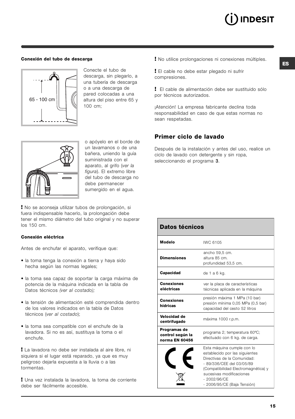 Primer ciclo de lavado, Datos técnicos | Indesit IWC-6105-(EU) User Manual | Page 15 / 36
