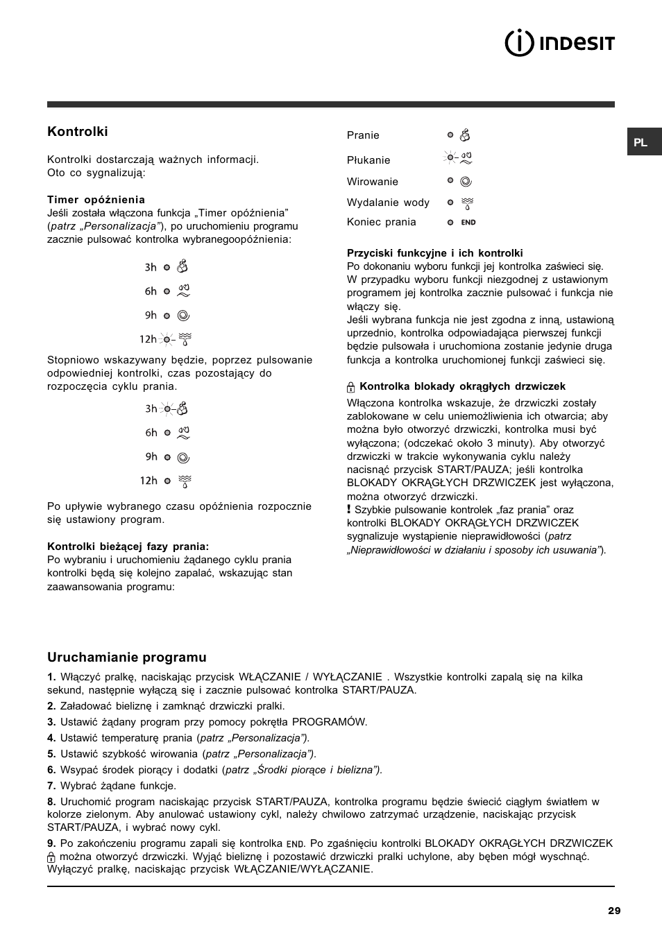 Kontrolki, Uruchamianie programu | Indesit IWC-6105-(EU) User Manual | Page 29 / 36