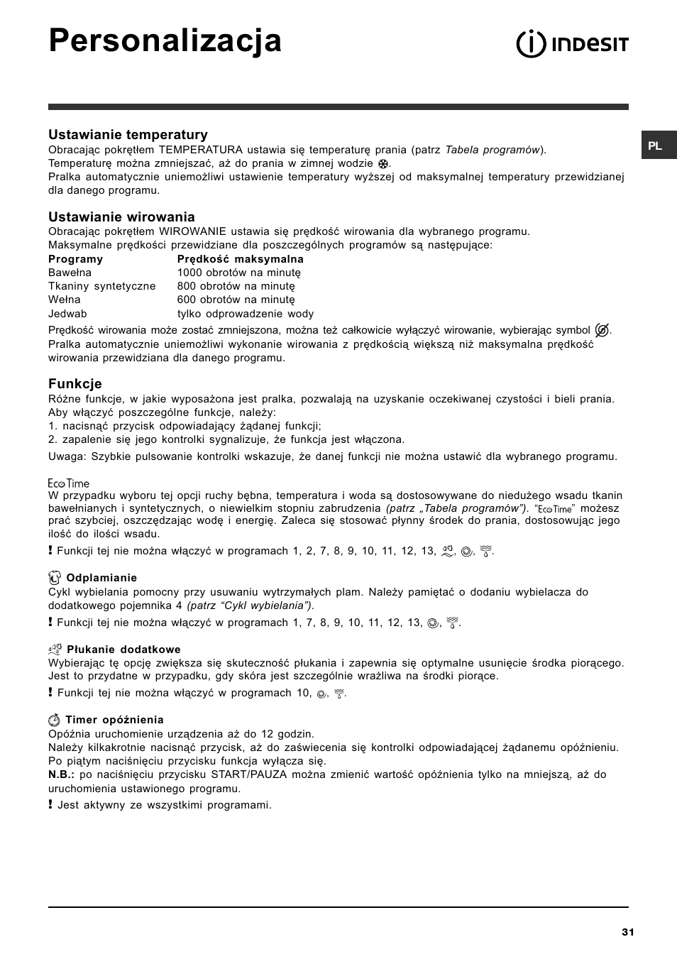 Personalizacja | Indesit IWC-6105-(EU) User Manual | Page 31 / 36