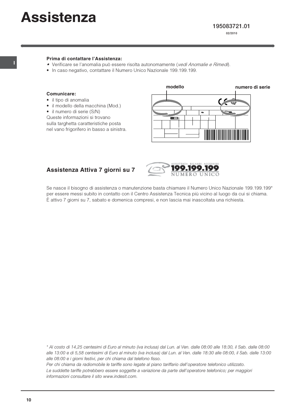 Assistenza, Assistenza attiva 7 giorni su 7 | Indesit CAA 55 User Manual | Page 10 / 80