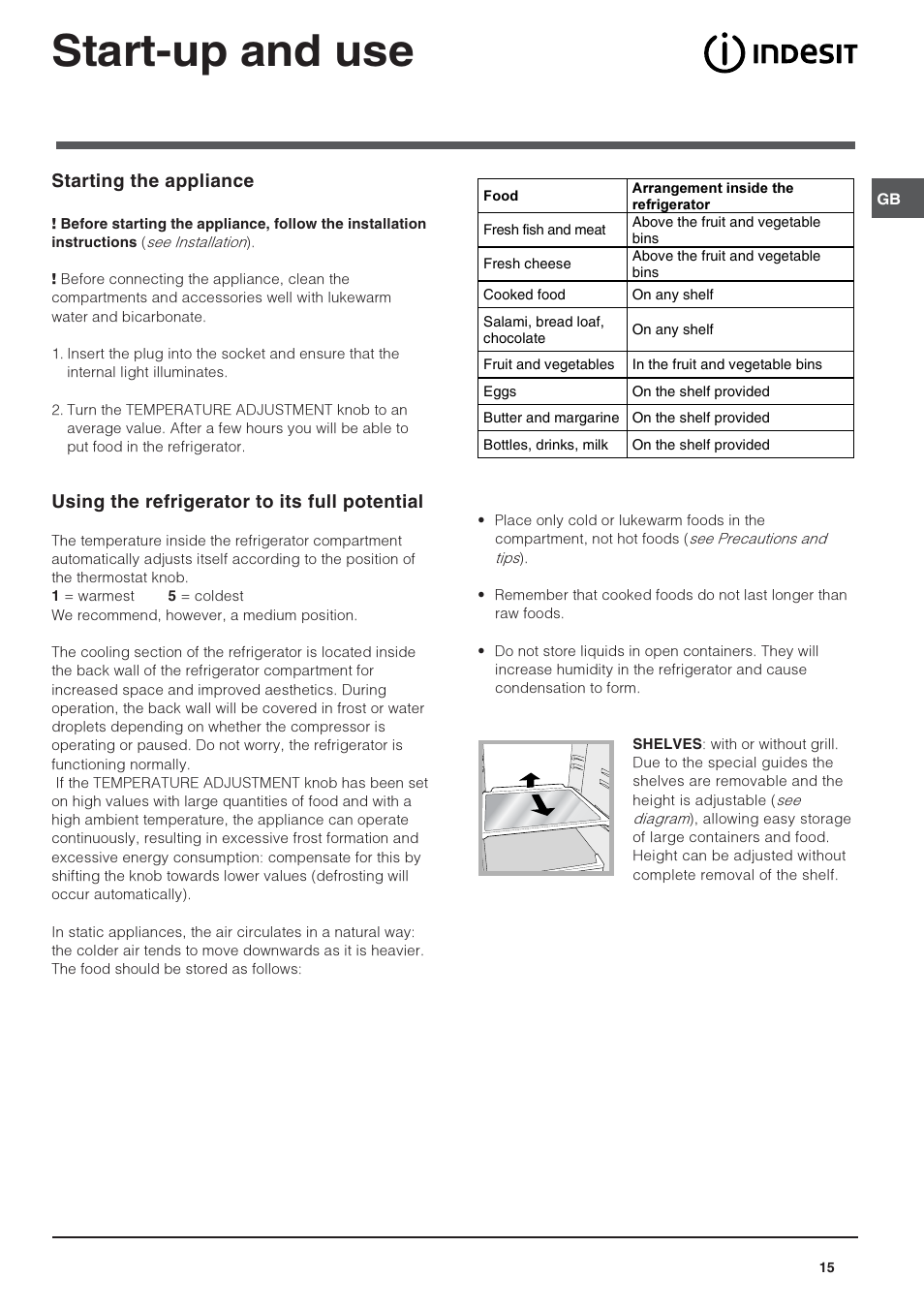 Start-up and use, Starting the appliance, Using the refrigerator to its full potential | Indesit CAA 55 User Manual | Page 15 / 80