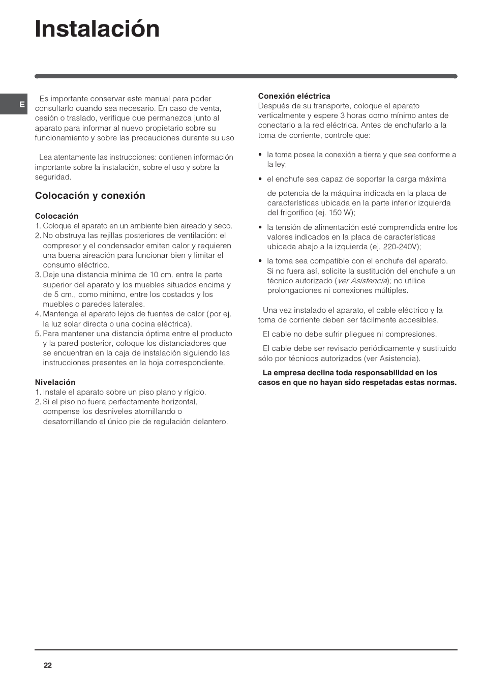 Instalación, Colocación y conexión | Indesit CAA 55 User Manual | Page 22 / 80