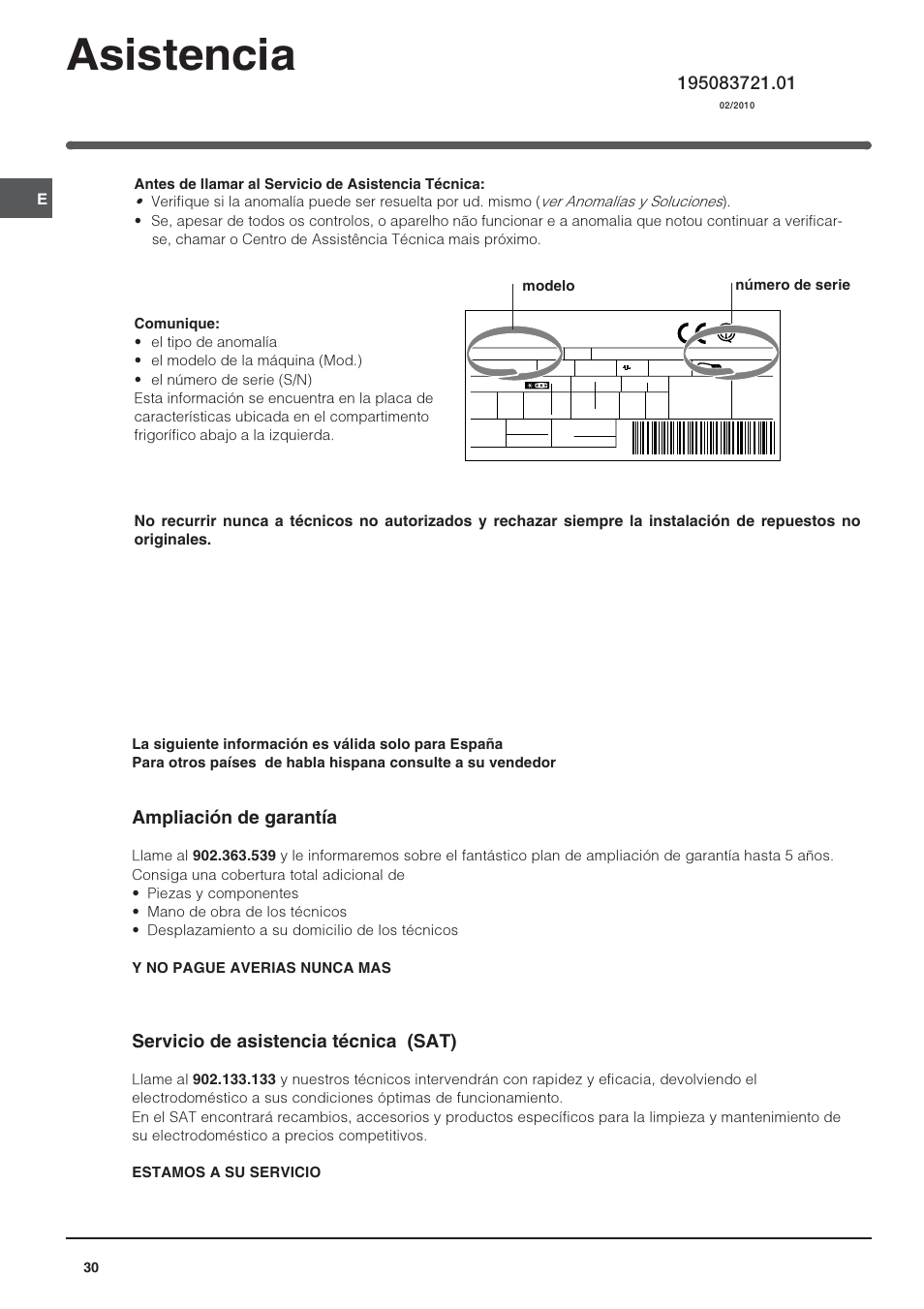 Asistencia, Ampliación de garantía, Servicio de asistencia técnica (sat) | Indesit CAA 55 User Manual | Page 30 / 80