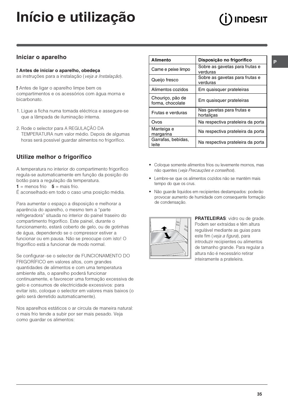 Início e utilização, Iniciar o aparelho, Utilize melhor o frigorífico | Indesit CAA 55 User Manual | Page 35 / 80