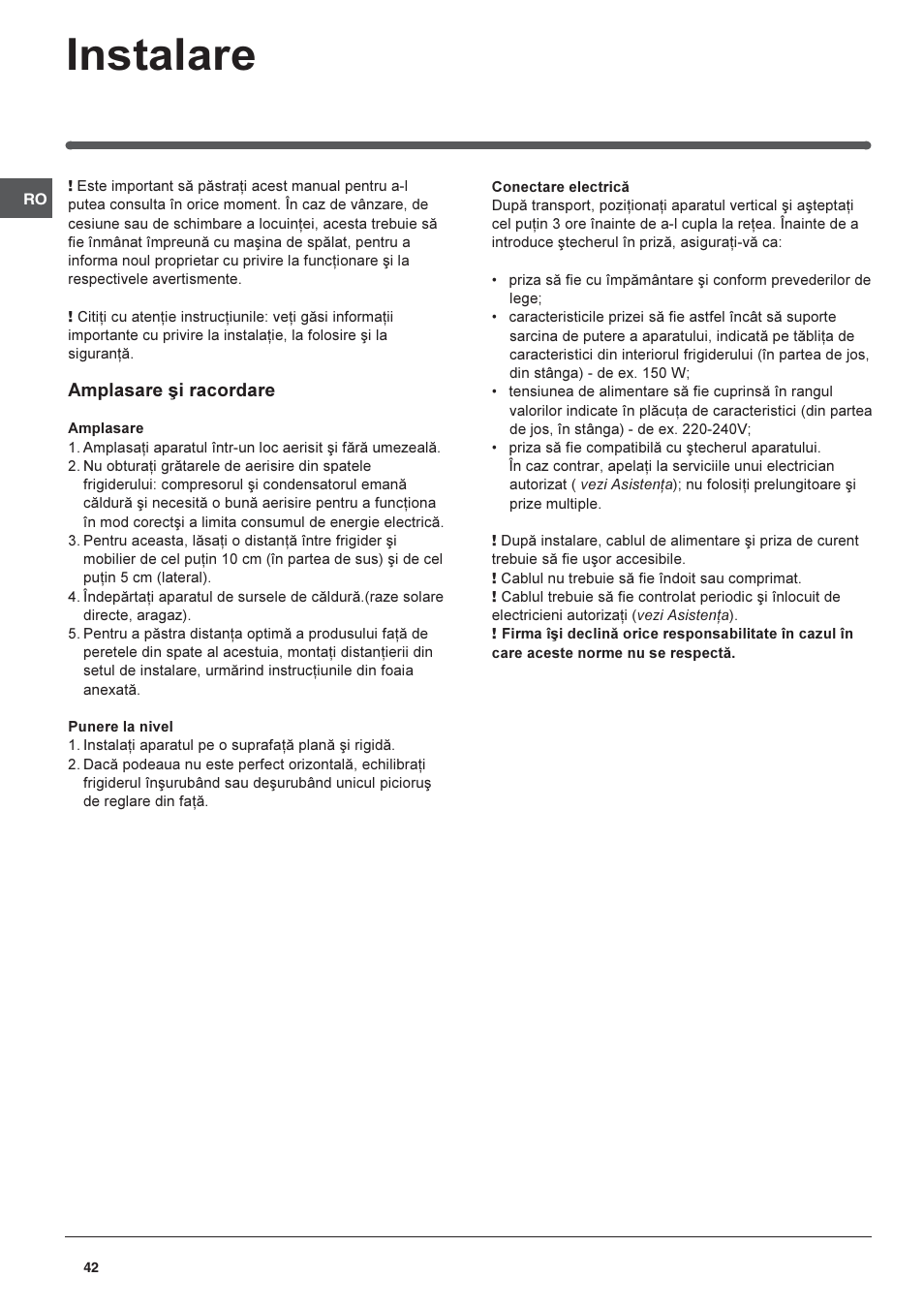 Instalare | Indesit CAA 55 User Manual | Page 42 / 80