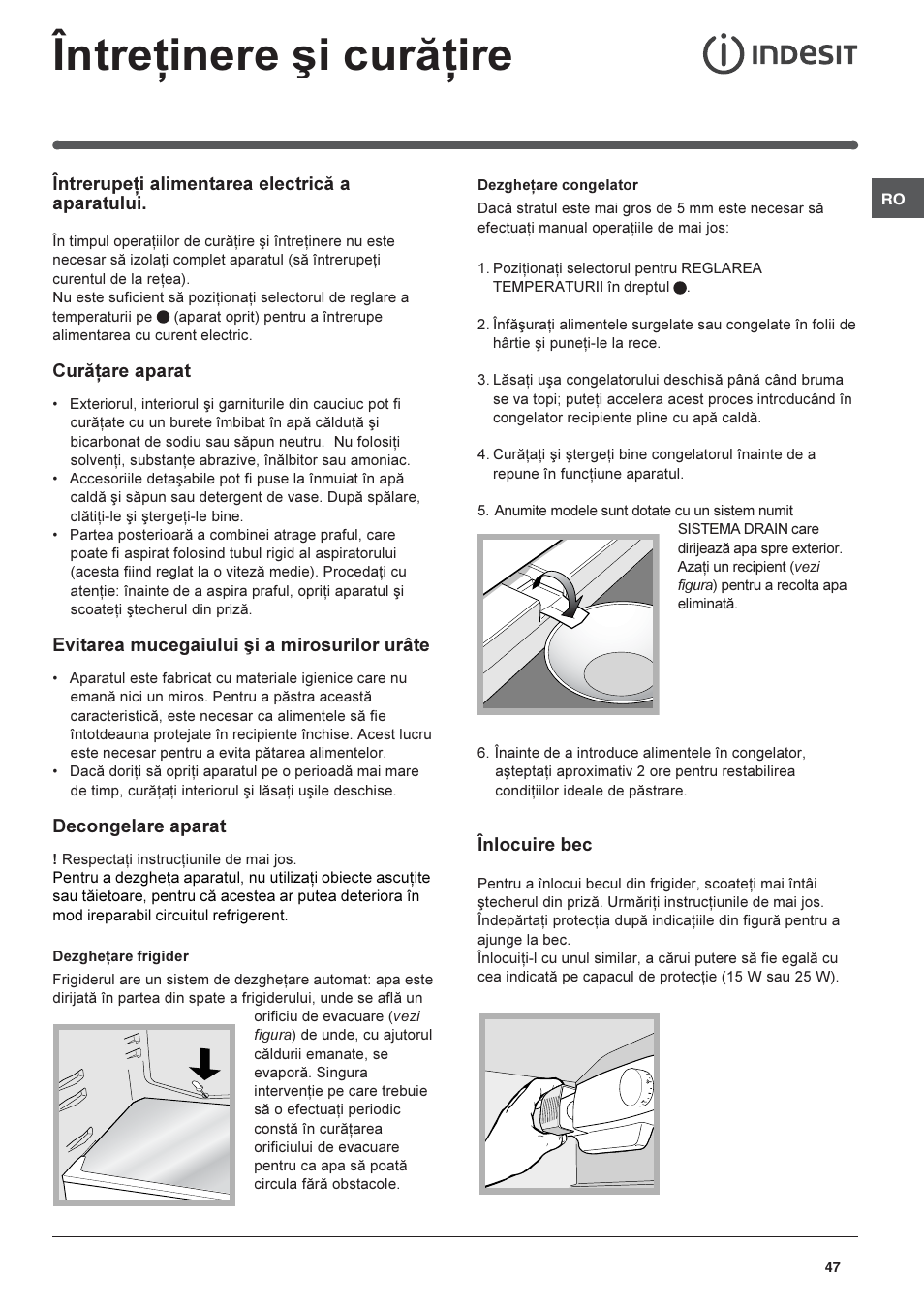 Întreþinere ºi curãþire | Indesit CAA 55 User Manual | Page 47 / 80