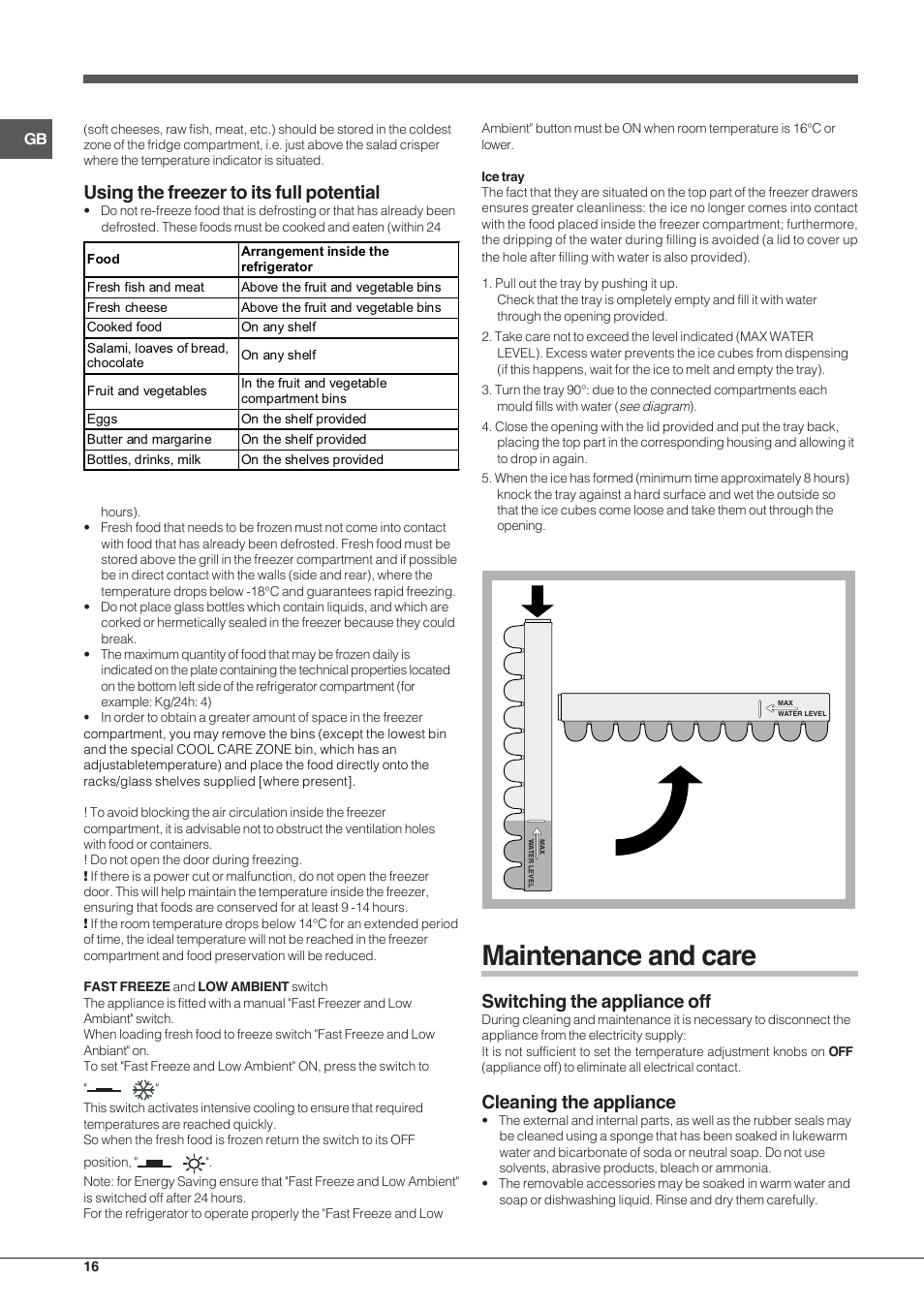 Maintenance and care, Using the freezer to its full potential, Switching the appliance off | Cleaning the appliance | Indesit CAA-55-NF User Manual | Page 16 / 44