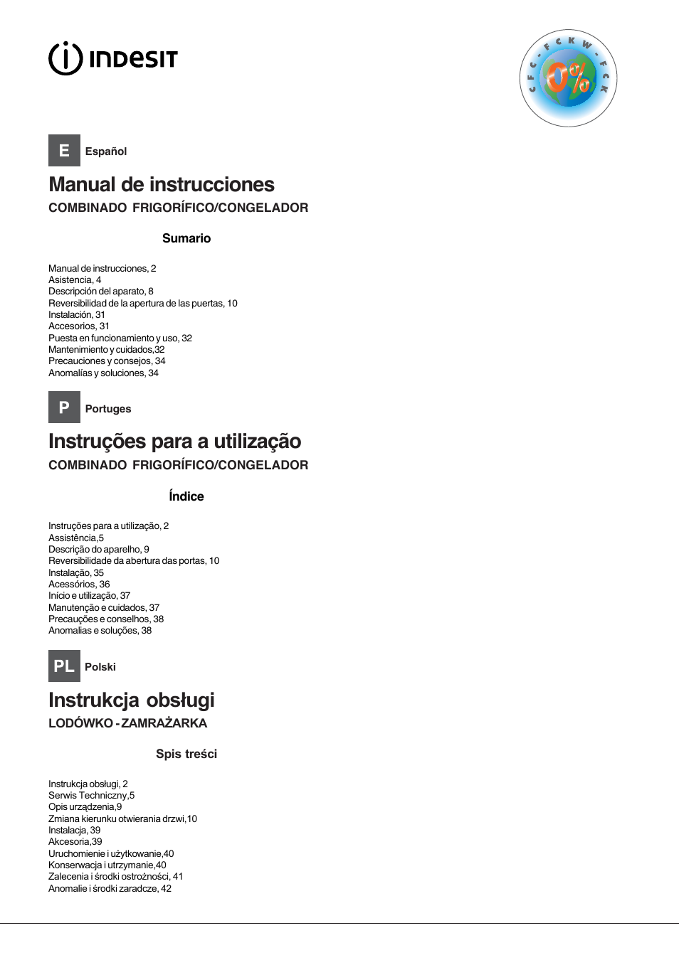 Manual de instrucciones, Instruções para a utilização | Indesit CAA-55-NF User Manual | Page 2 / 44