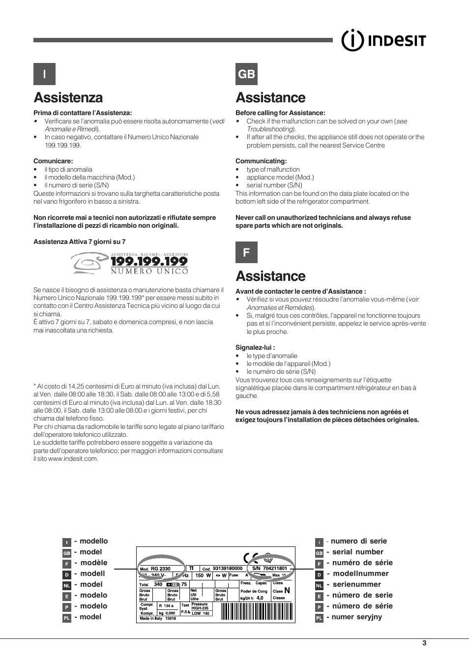 Assistenza, Assistance | Indesit CAA-55-NF User Manual | Page 3 / 44