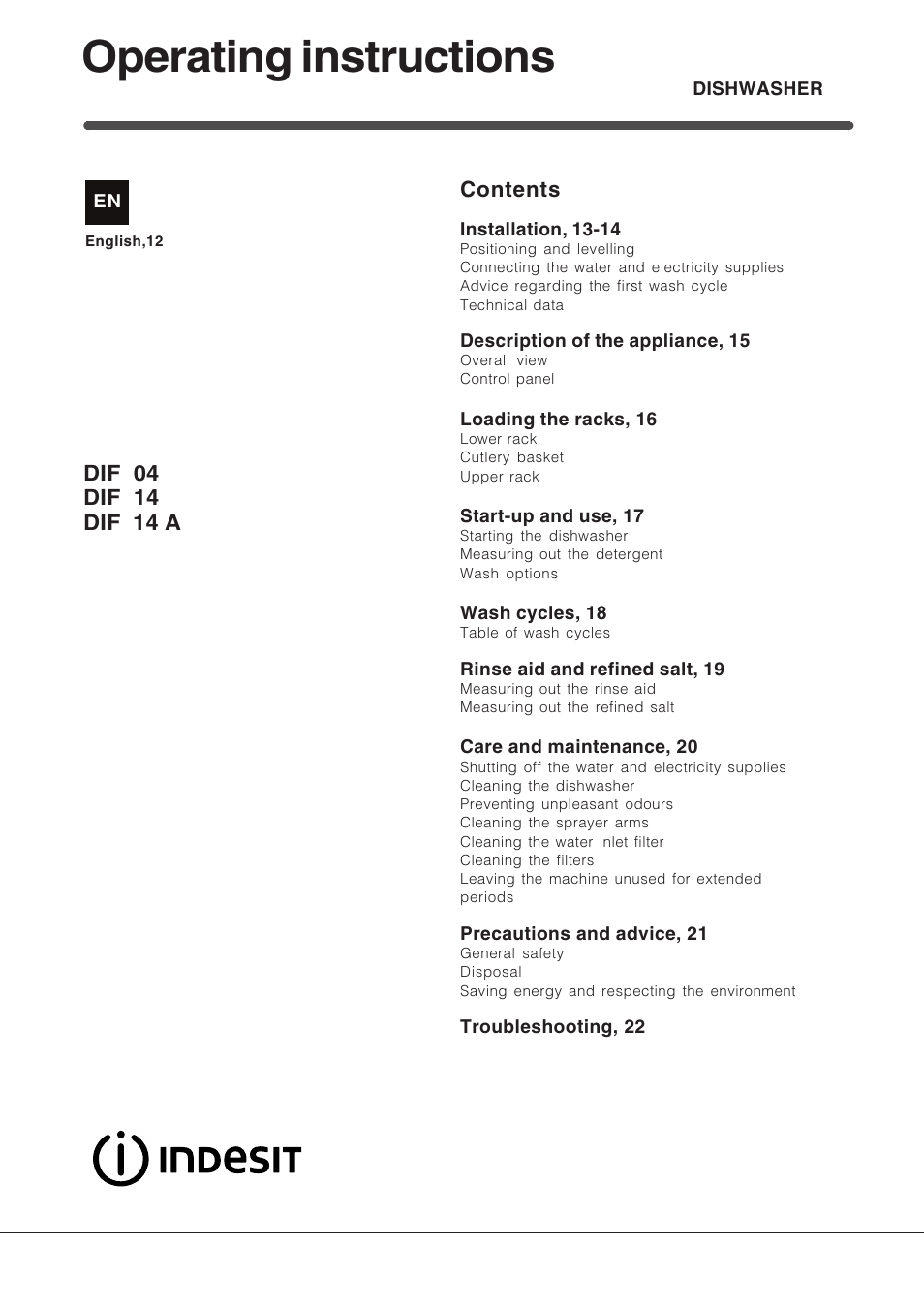 Indesit DIF 14 A User Manual | Page 12 / 80