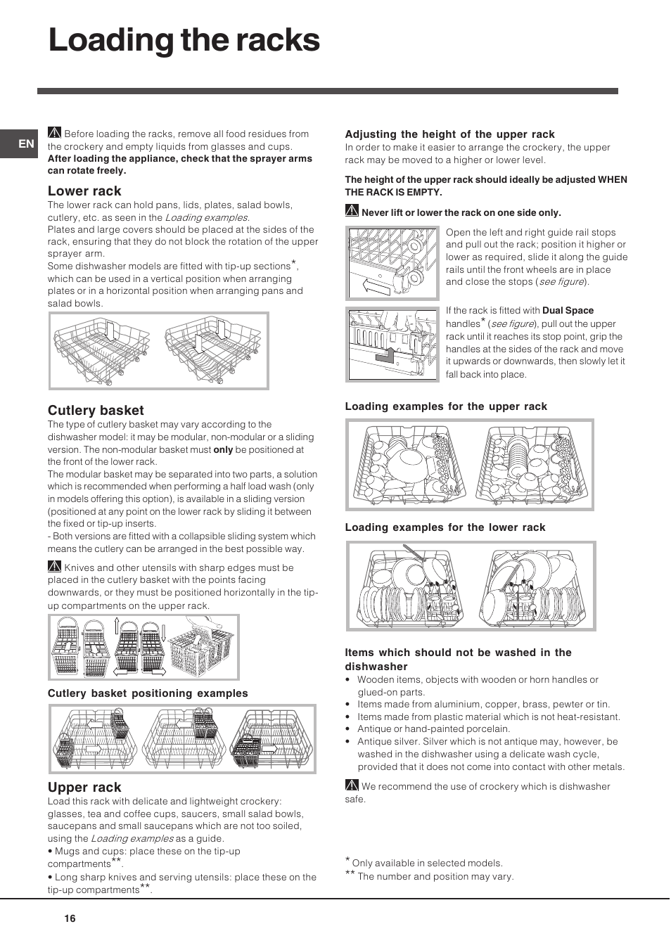 Loading the racks, Lower rack, Cutlery basket | Upper rack | Indesit DIF 14 A User Manual | Page 16 / 80