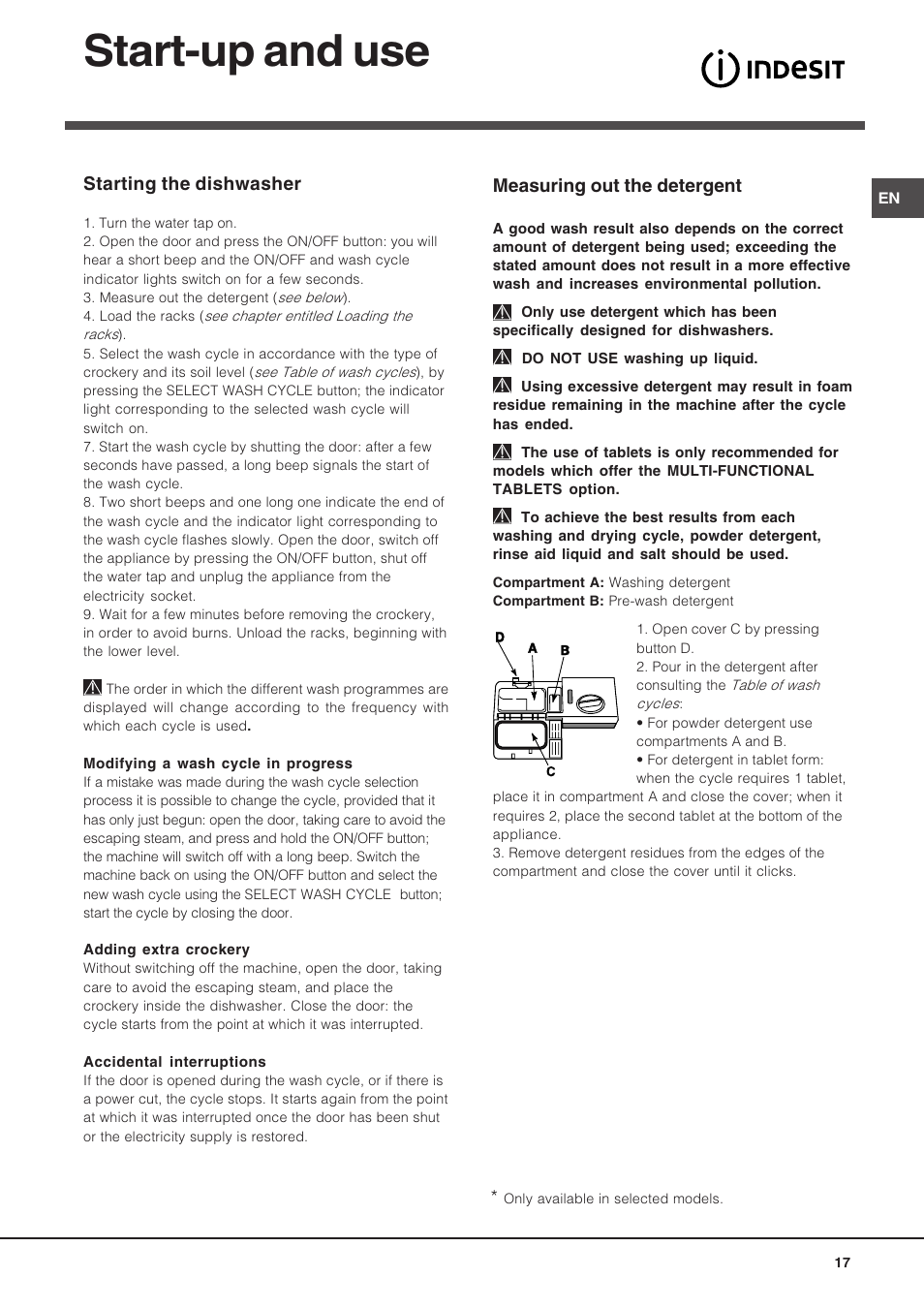 Start-up and use | Indesit DIF 14 A User Manual | Page 17 / 80