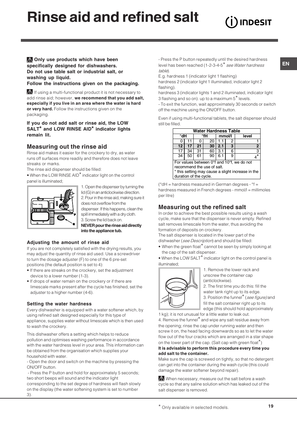 Rinse aid and refined salt, Measuring out the rinse aid, Measuring out the refined salt | Indesit DIF 14 A User Manual | Page 19 / 80