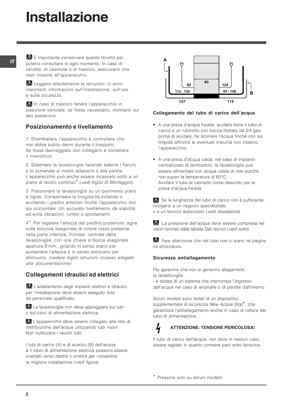 Installazione, Posizionamento e livellamento, Collegamenti idraulici ed elettrici | Indesit DIF 14 A User Manual | Page 2 / 80