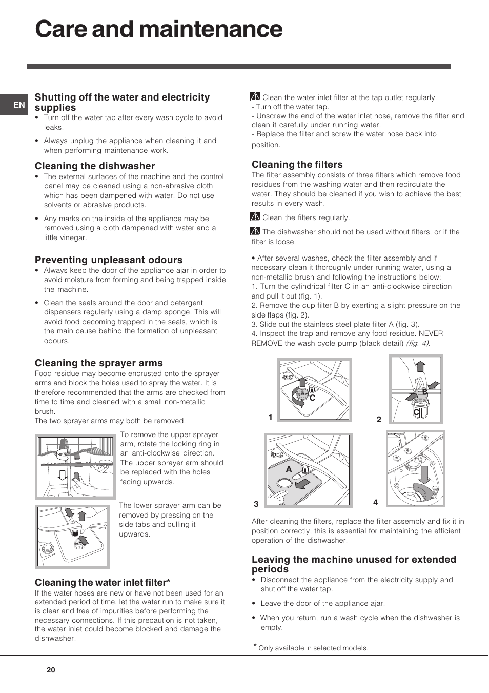 Care and maintenance, Shutting off the water and electricity supplies, Cleaning the dishwasher | Preventing unpleasant odours, Cleaning the sprayer arms, Cleaning the water inlet filter, Cleaning the filters, Leaving the machine unused for extended periods | Indesit DIF 14 A User Manual | Page 20 / 80