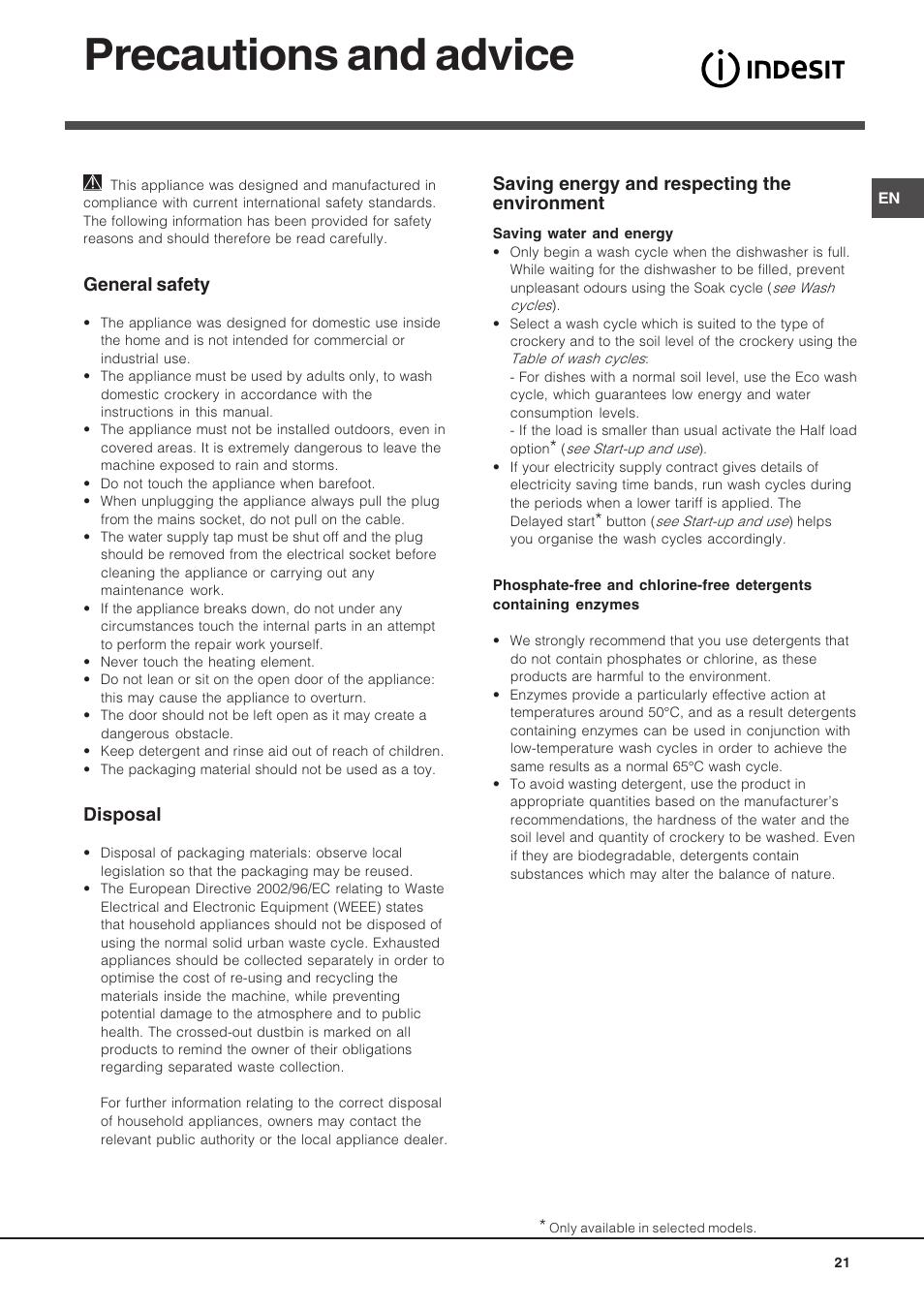 Precautions and advice, General safety, Disposal | Saving energy and respecting the environment | Indesit DIF 14 A User Manual | Page 21 / 80