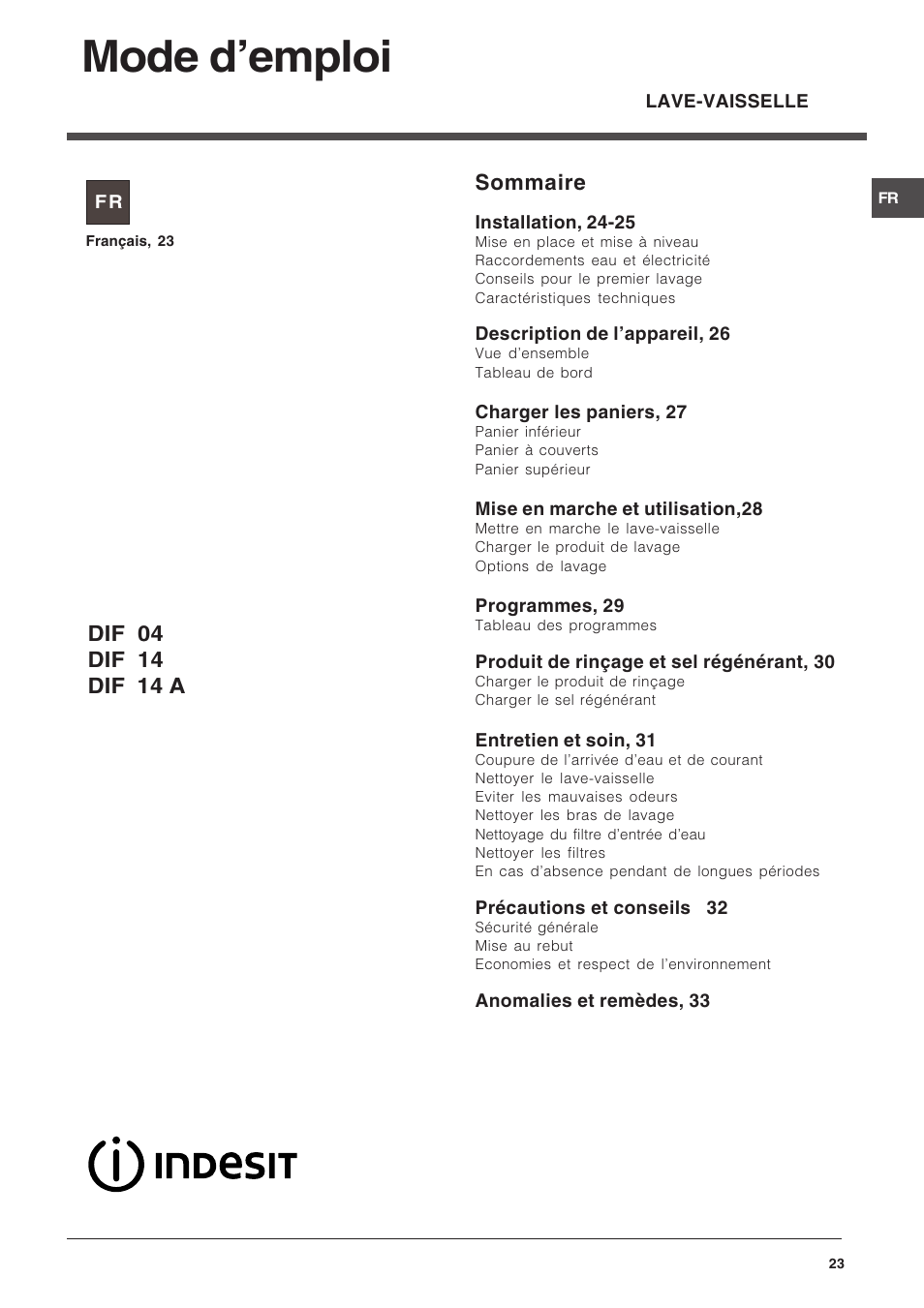 Mode demploi, Sommaire | Indesit DIF 14 A User Manual | Page 23 / 80
