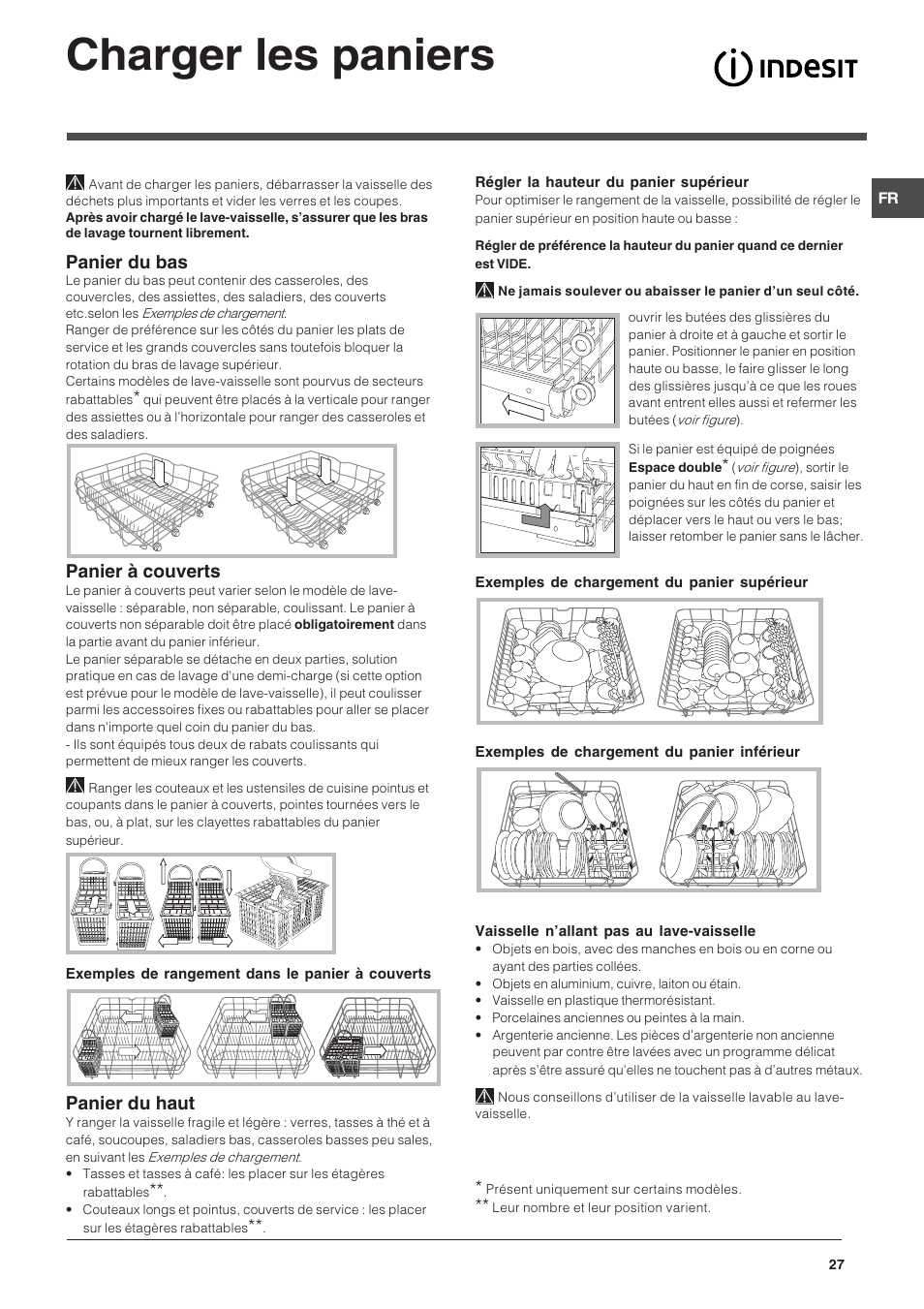 Charger les paniers, Panier du bas, Panier à couverts | Panier du haut | Indesit DIF 14 A User Manual | Page 27 / 80