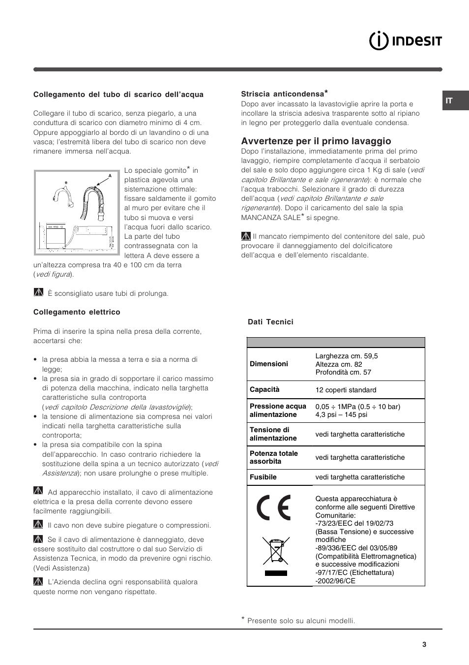 Avvertenze per il primo lavaggio | Indesit DIF 14 A User Manual | Page 3 / 80