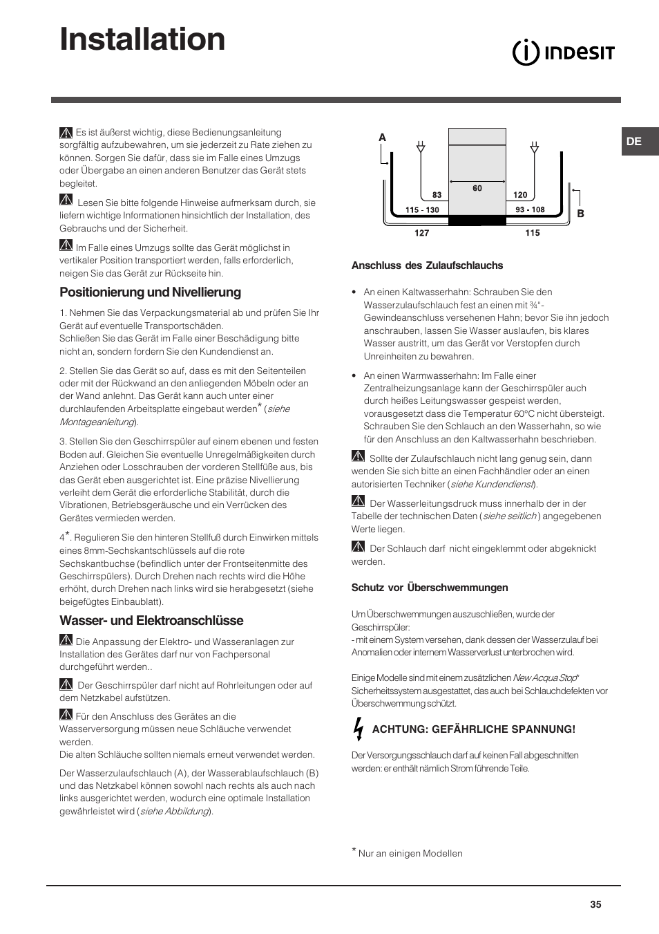 Installation, Positionierung und nivellierung, Wasser- und elektroanschlüsse | Indesit DIF 14 A User Manual | Page 35 / 80