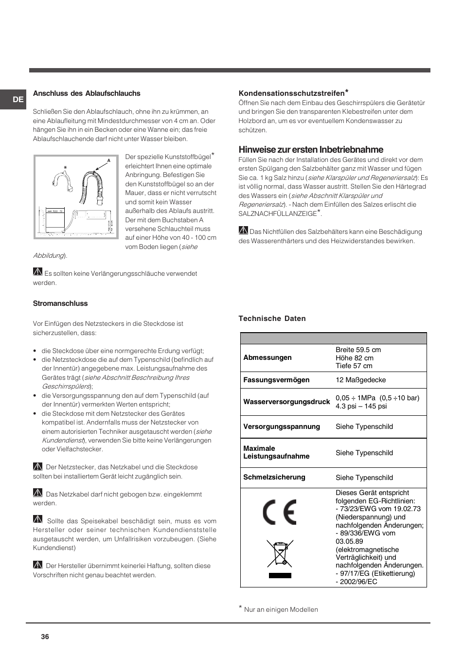 Hinweise zur ersten inbetriebnahme | Indesit DIF 14 A User Manual | Page 36 / 80