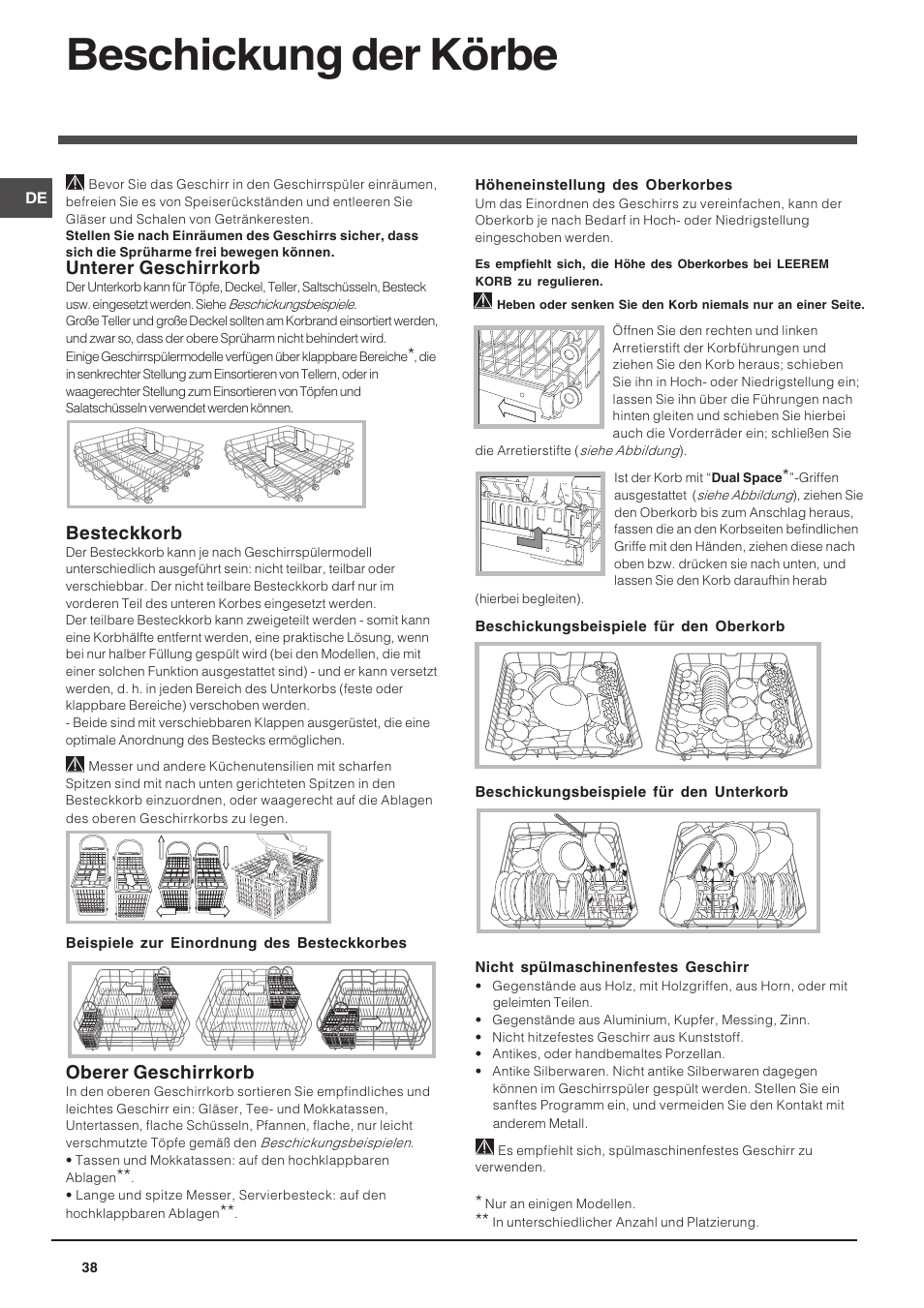 Beschickung der körbe, Unterer geschirrkorb, Besteckkorb | Oberer geschirrkorb | Indesit DIF 14 A User Manual | Page 38 / 80