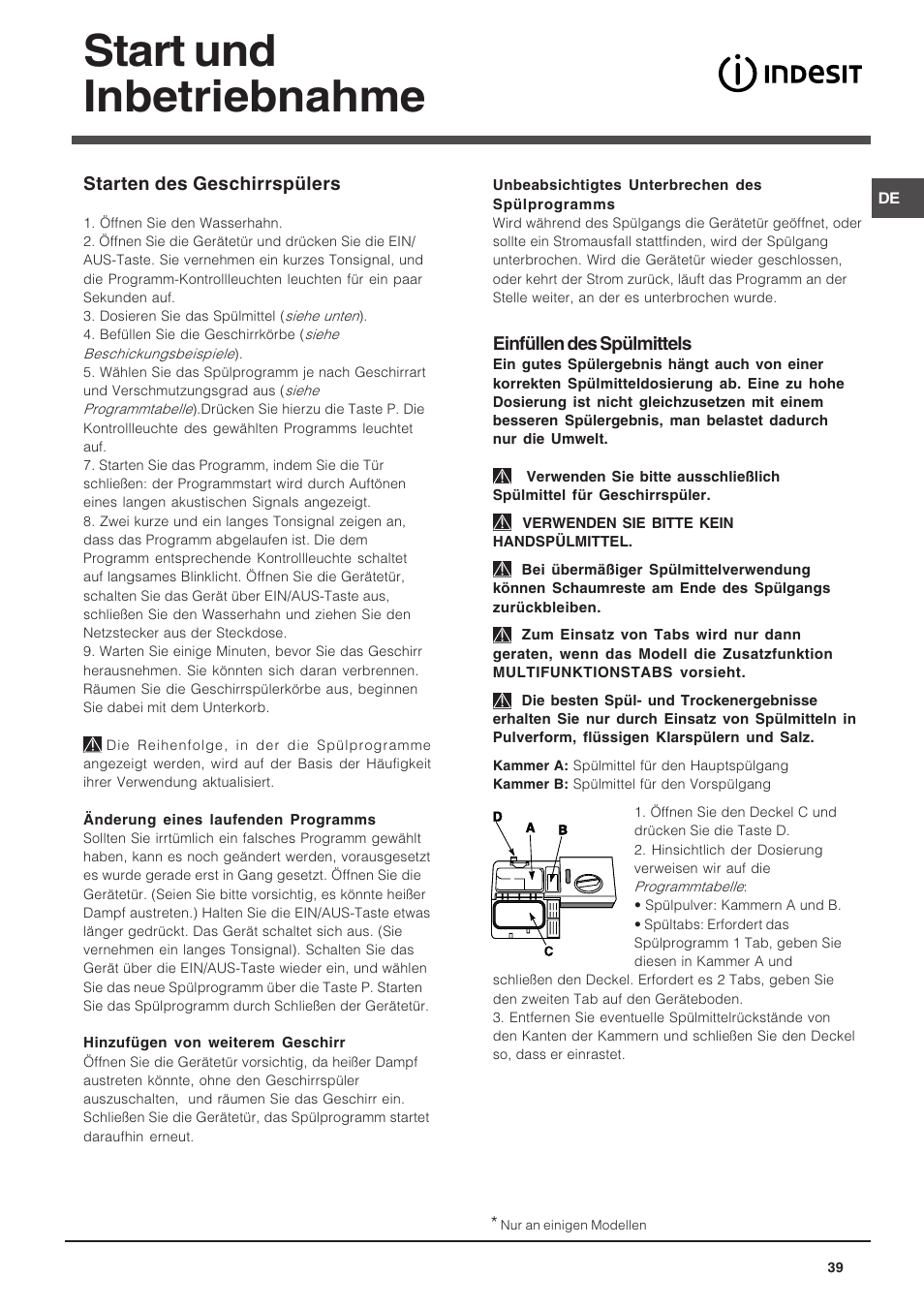 Start und inbetriebnahme | Indesit DIF 14 A User Manual | Page 39 / 80