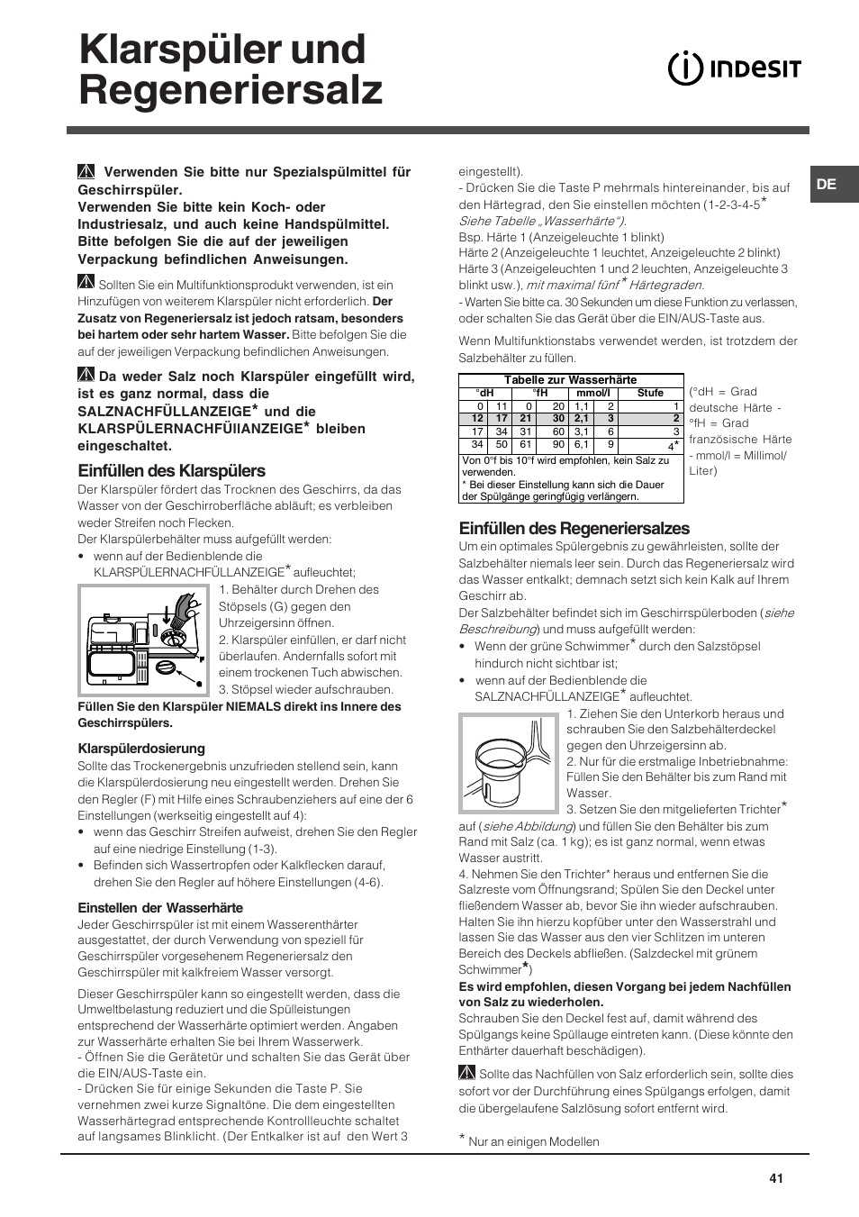 Klarspüler und regeneriersalz, Einfüllen des klarspülers, Einfüllen des regeneriersalzes | Indesit DIF 14 A User Manual | Page 41 / 80