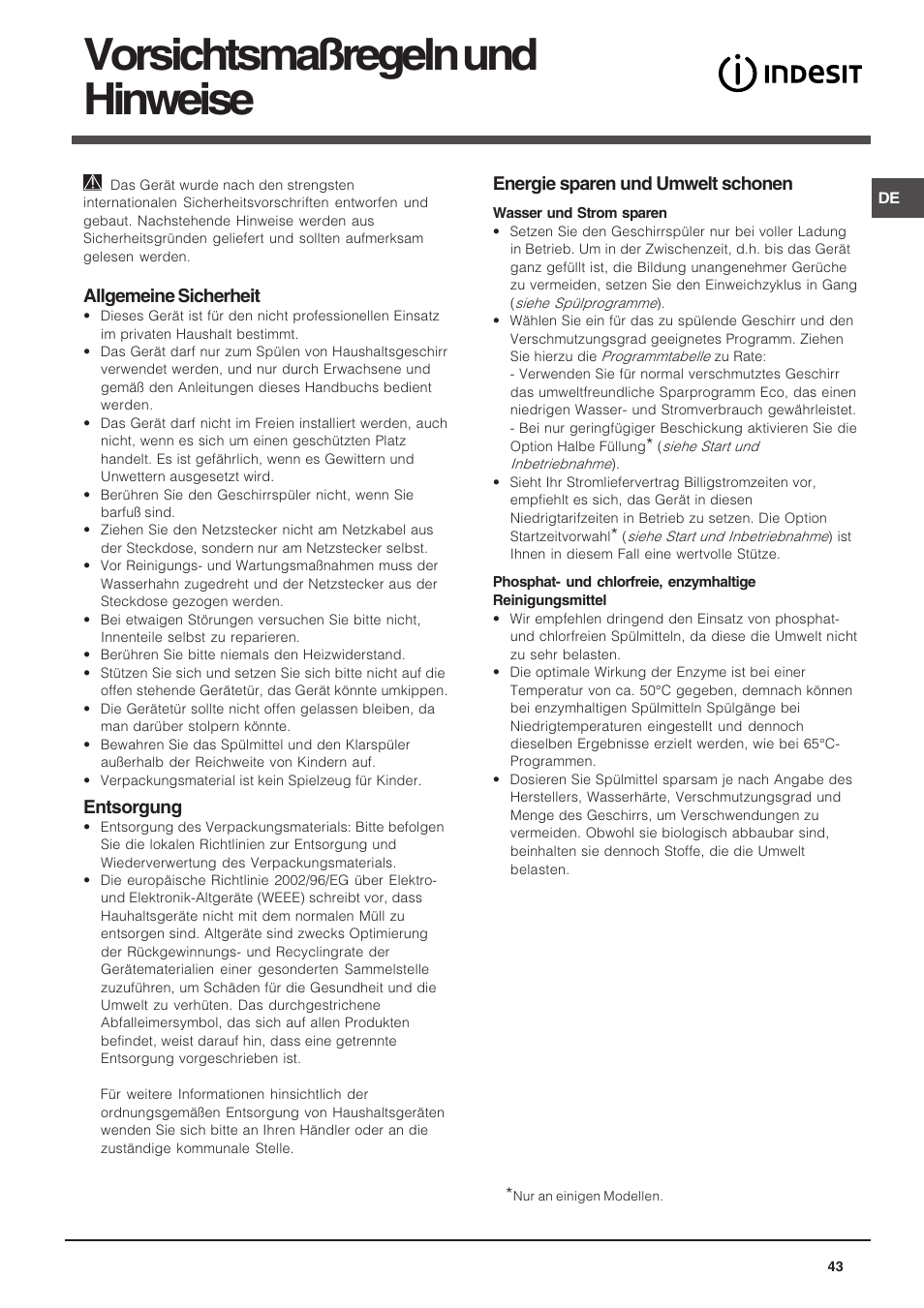 Vorsichtsmaßregeln und hinweise, Allgemeine sicherheit, Entsorgung | Energie sparen und umwelt schonen | Indesit DIF 14 A User Manual | Page 43 / 80