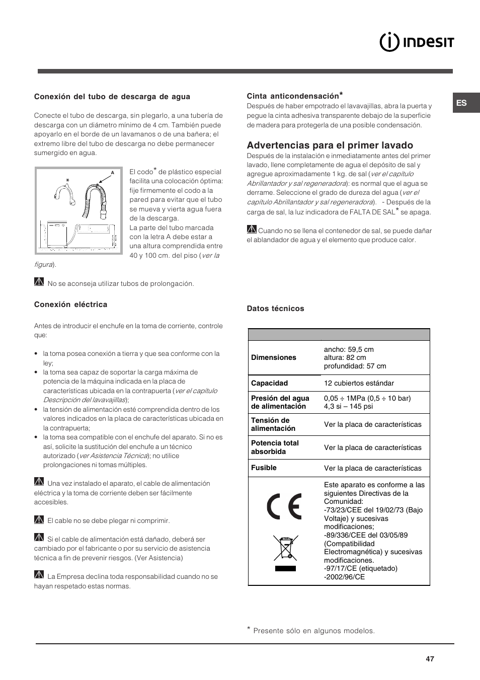 Advertencias para el primer lavado | Indesit DIF 14 A User Manual | Page 47 / 80