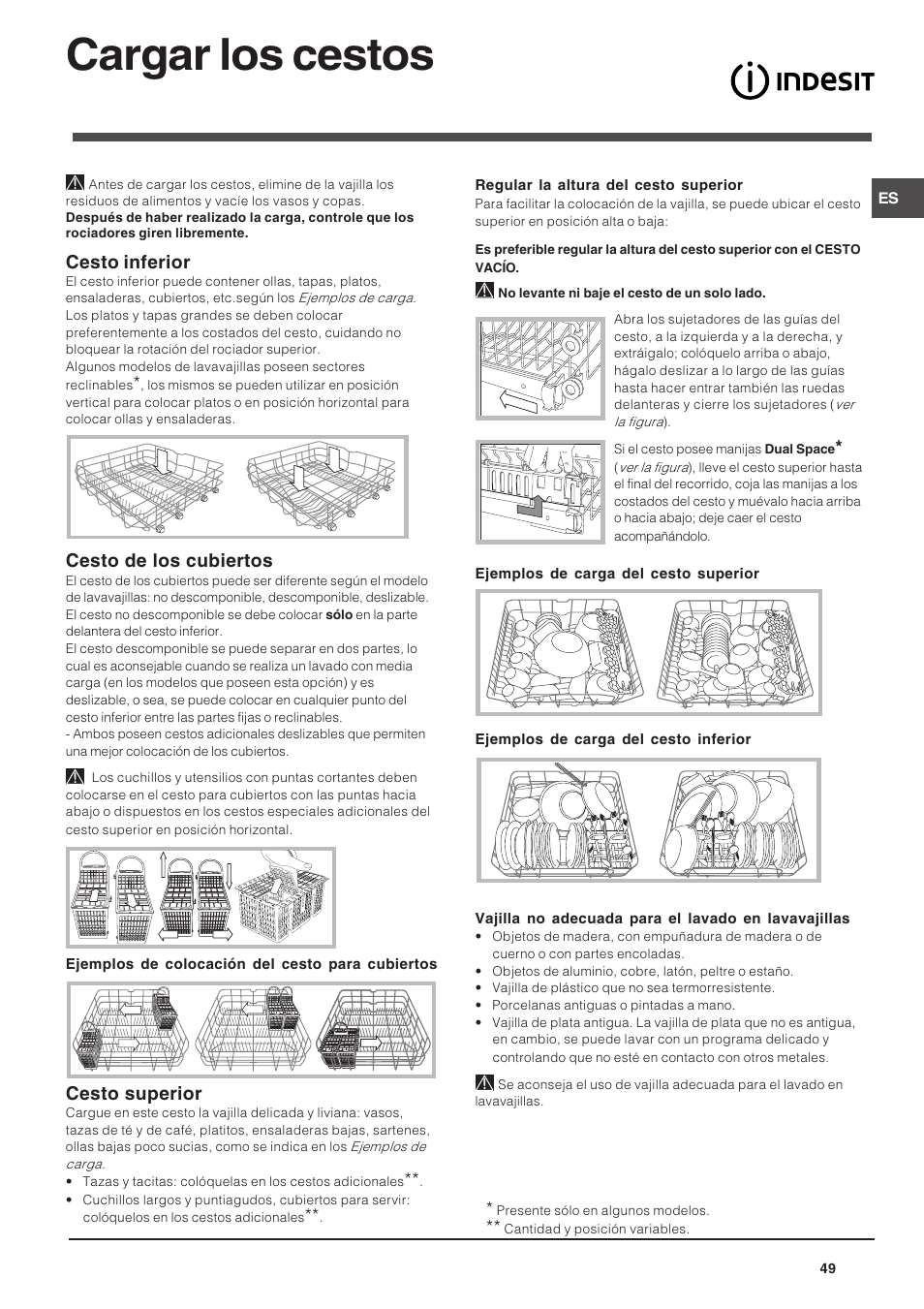 Cargar los cestos, Cesto inferior, Cesto de los cubiertos | Cesto superior | Indesit DIF 14 A User Manual | Page 49 / 80