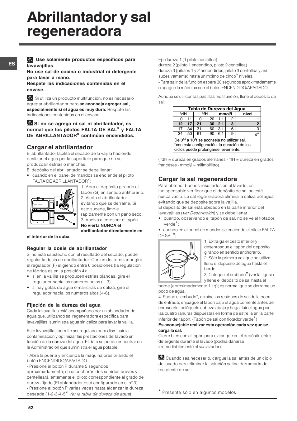 Abrillantador y sal regeneradora, Cargar el abrillantador, Cargar la sal regeneradora | Indesit DIF 14 A User Manual | Page 52 / 80