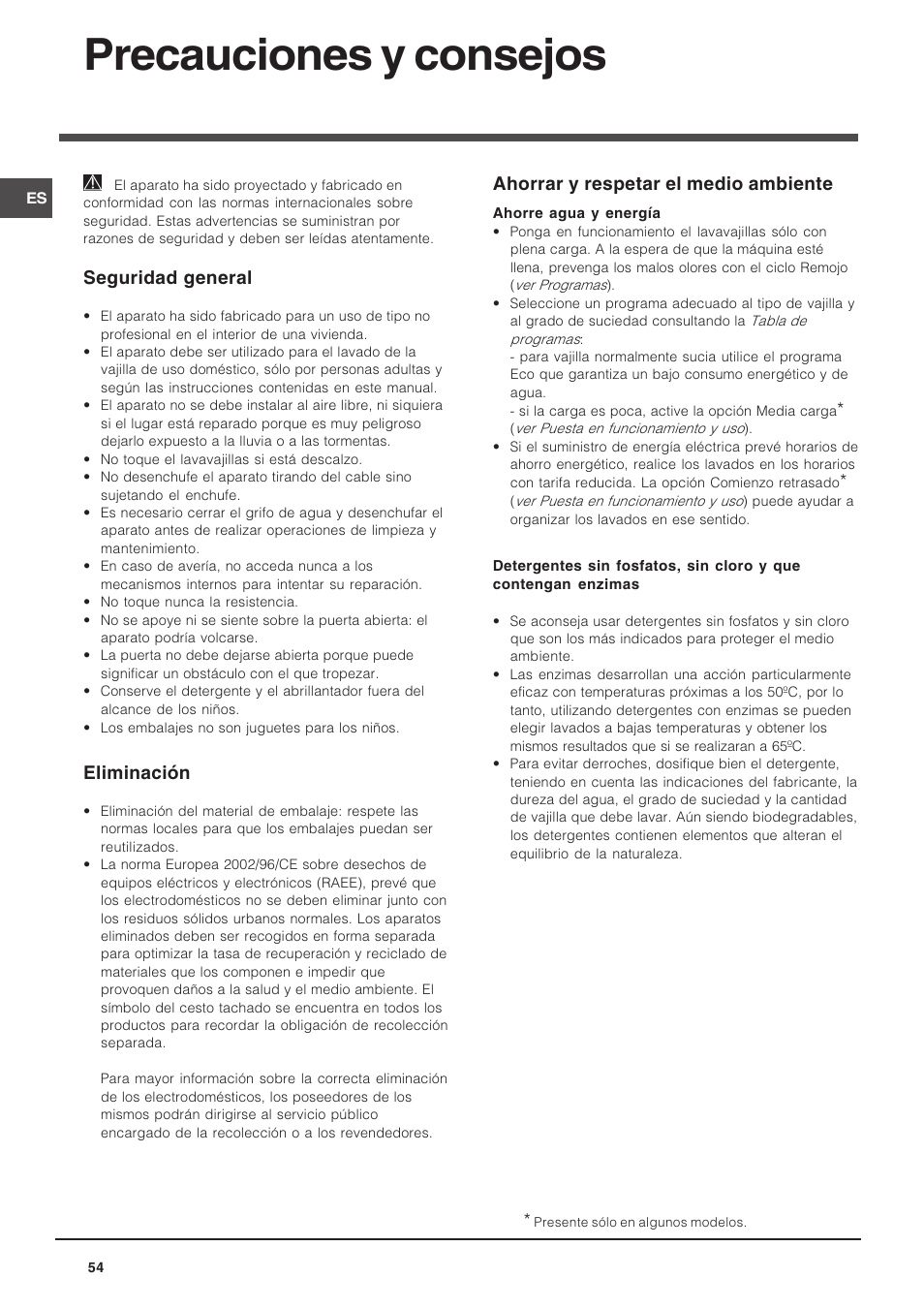 Precauciones y consejos, Seguridad general, Eliminación | Ahorrar y respetar el medio ambiente | Indesit DIF 14 A User Manual | Page 54 / 80