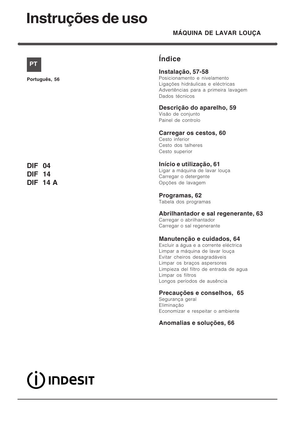 Instruções de uso, Índice | Indesit DIF 14 A User Manual | Page 56 / 80