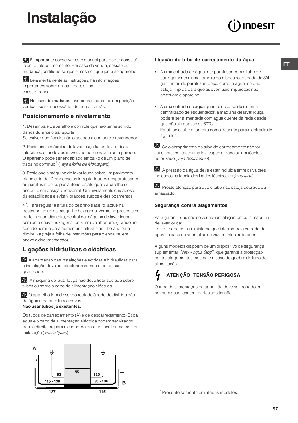 Instalação, Posicionamento e nivelamento, Ligações hidráulicas e eléctricas | Indesit DIF 14 A User Manual | Page 57 / 80