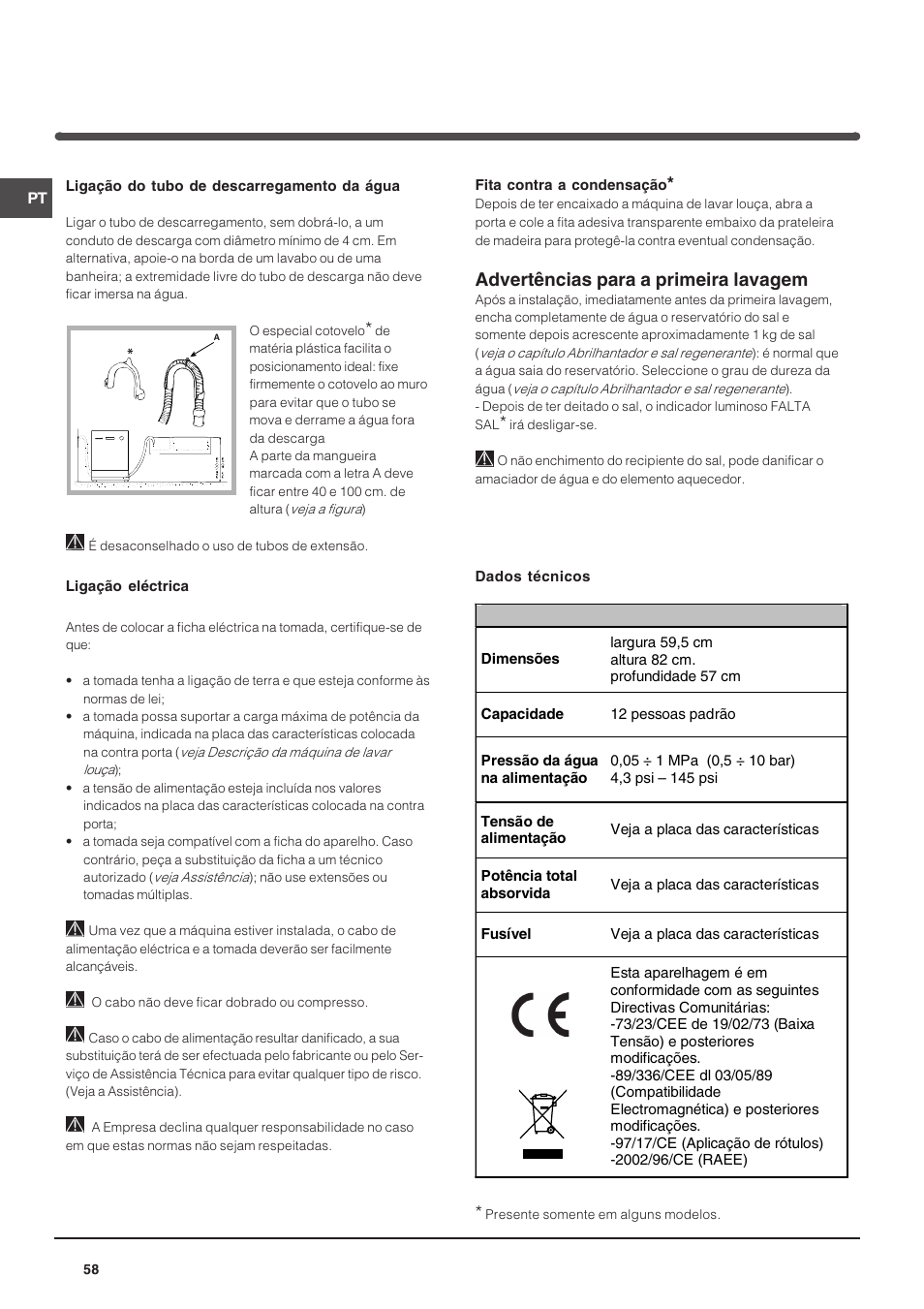 Advertências para a primeira lavagem | Indesit DIF 14 A User Manual | Page 58 / 80