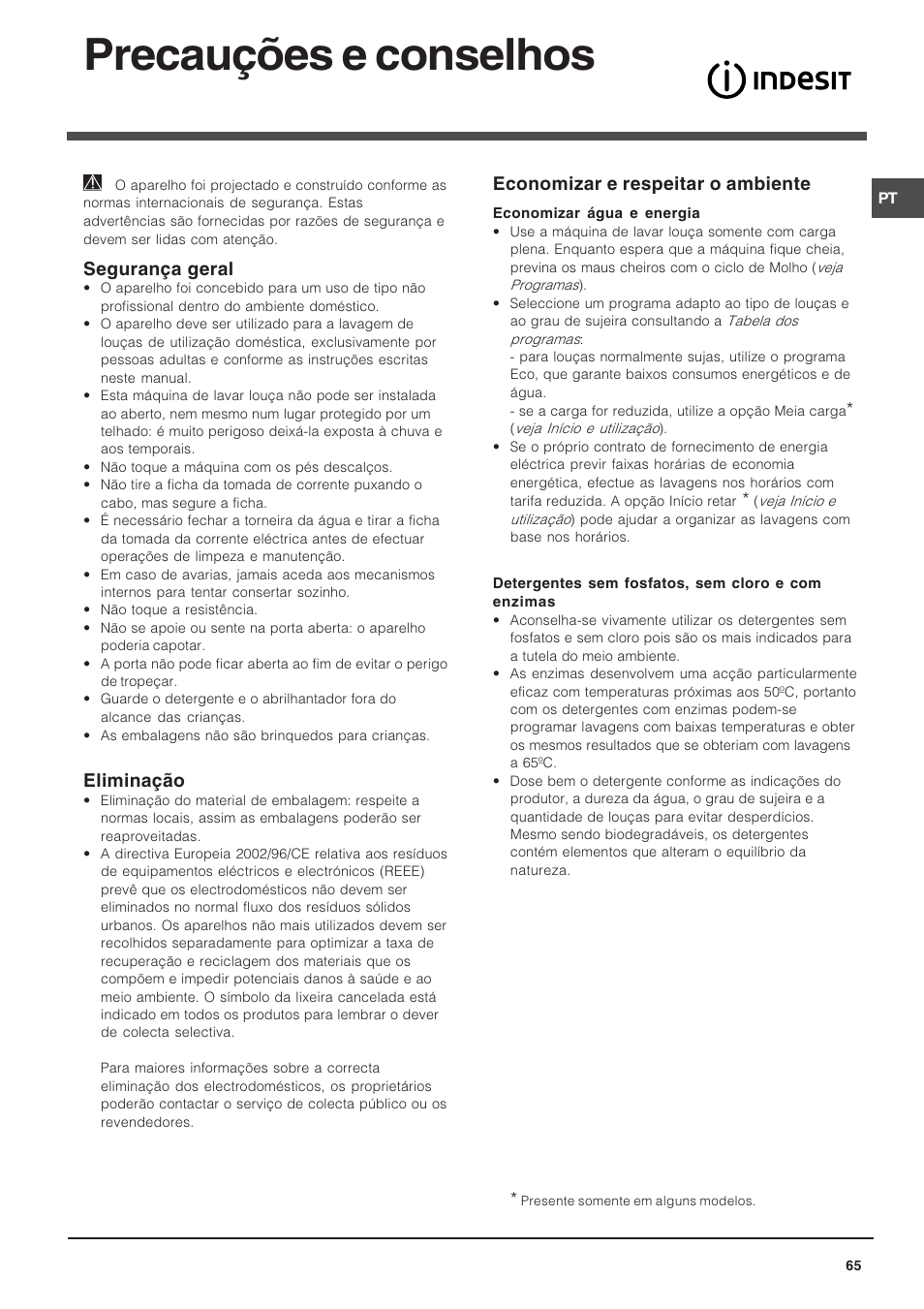Precauções e conselhos, Segurança geral, Eliminação | Economizar e respeitar o ambiente | Indesit DIF 14 A User Manual | Page 65 / 80