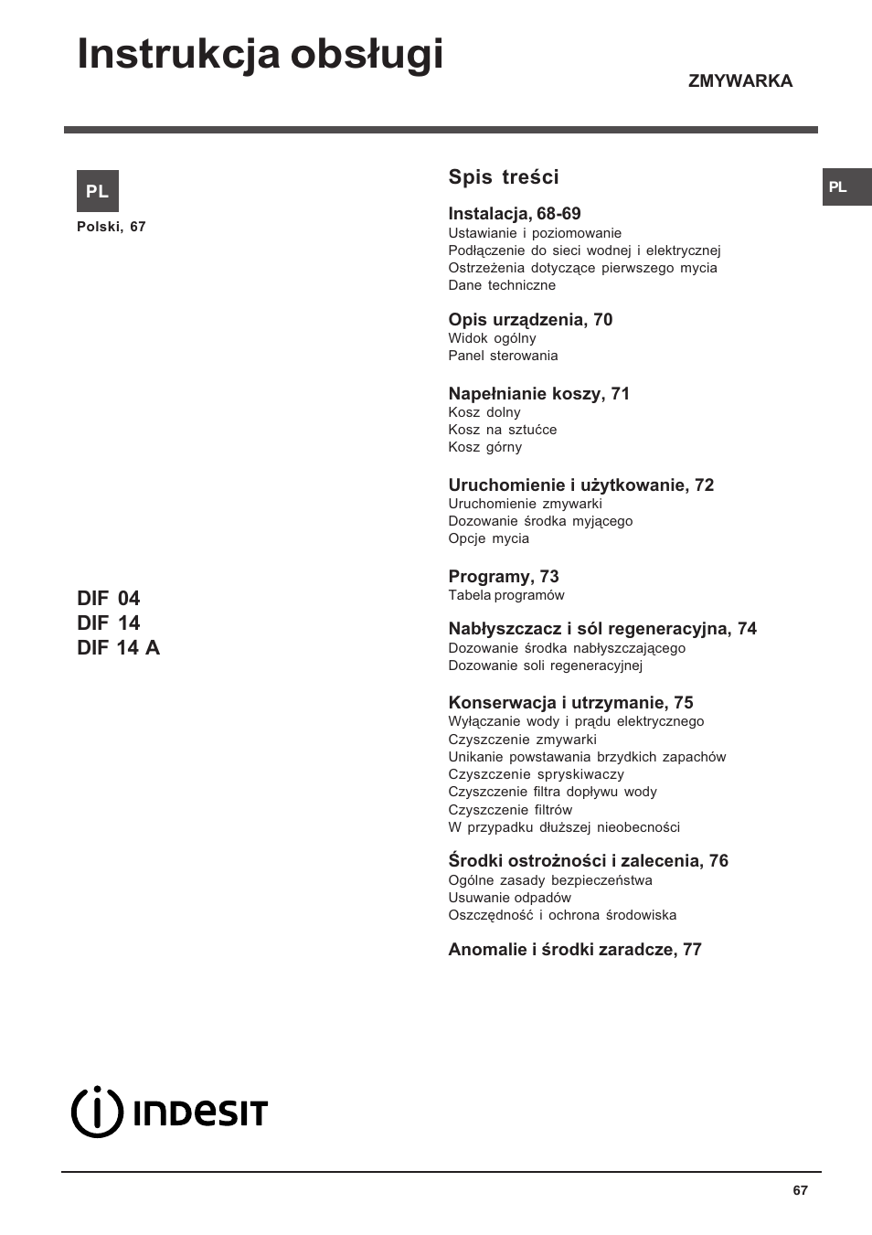 Instrukcja obs³ugi, Spis treci | Indesit DIF 14 A User Manual | Page 67 / 80
