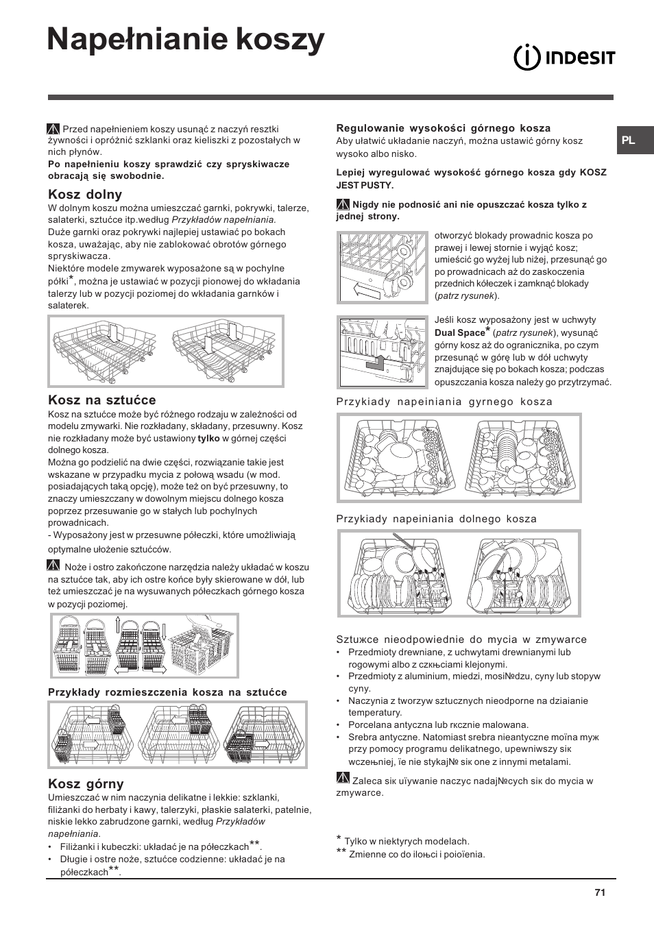 Nape³nianie koszy, Kosz dolny, Kosz na sztuæce | Kosz górny | Indesit DIF 14 A User Manual | Page 71 / 80