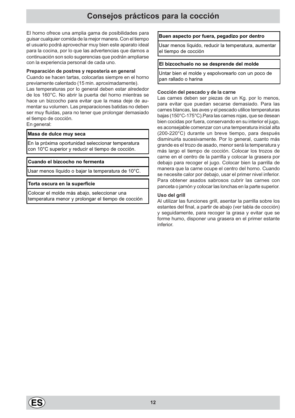 Consejos prácticos para la cocción | Indesit KN1G2S(W)-E User Manual | Page 12 / 28