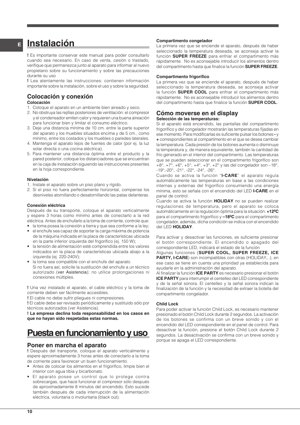Instalación, Puesta en funcionamiento y uso, Colocación y conexión | Poner en marcha el aparato, Cómo moverse en el display | Indesit IB-34-AA-F-H-D User Manual | Page 10 / 16