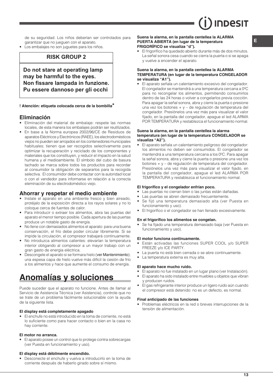 Anomalías y soluciones, Eliminación, Ahorrar y respetar el medio ambiente | Indesit IB-34-AA-F-H-D User Manual | Page 13 / 16