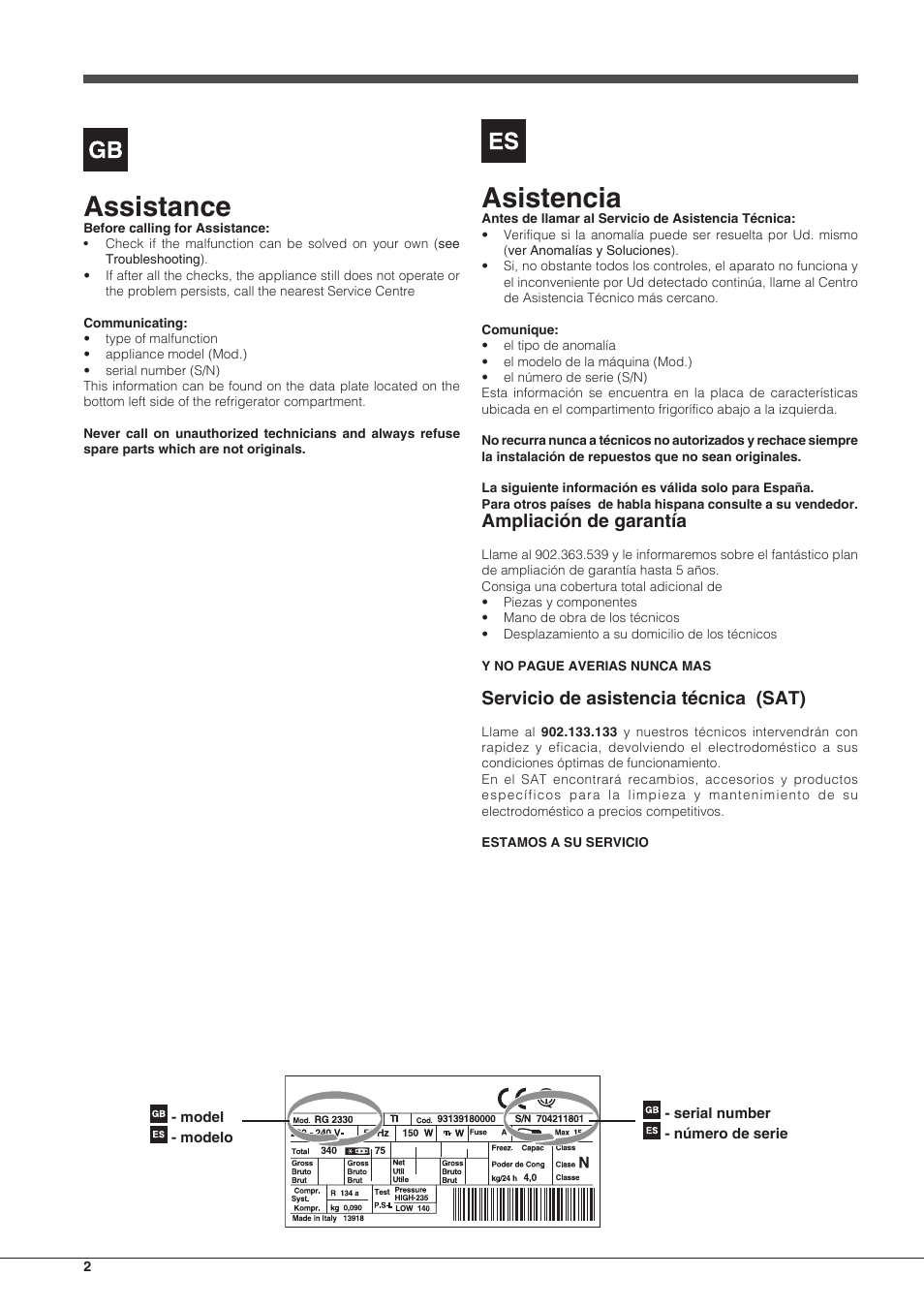 Assistance, Asistencia, Ampliación de garantía | Servicio de asistencia técnica (sat) | Indesit IB-34-AA-F-H-D User Manual | Page 2 / 16