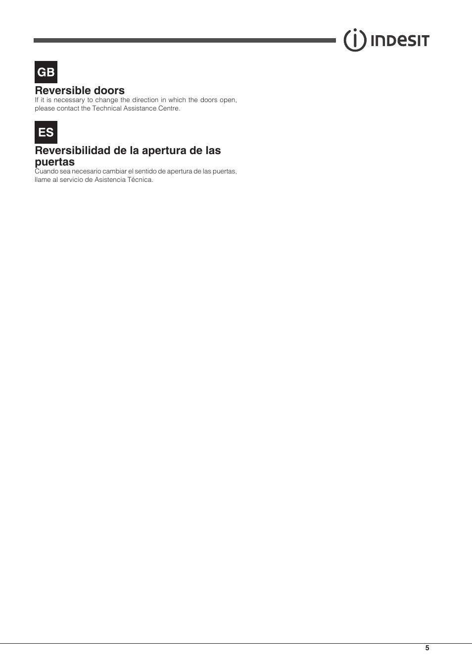 Reversible doors, Reversibilidad de la apertura de las puertas | Indesit IB-34-AA-F-H-D User Manual | Page 5 / 16