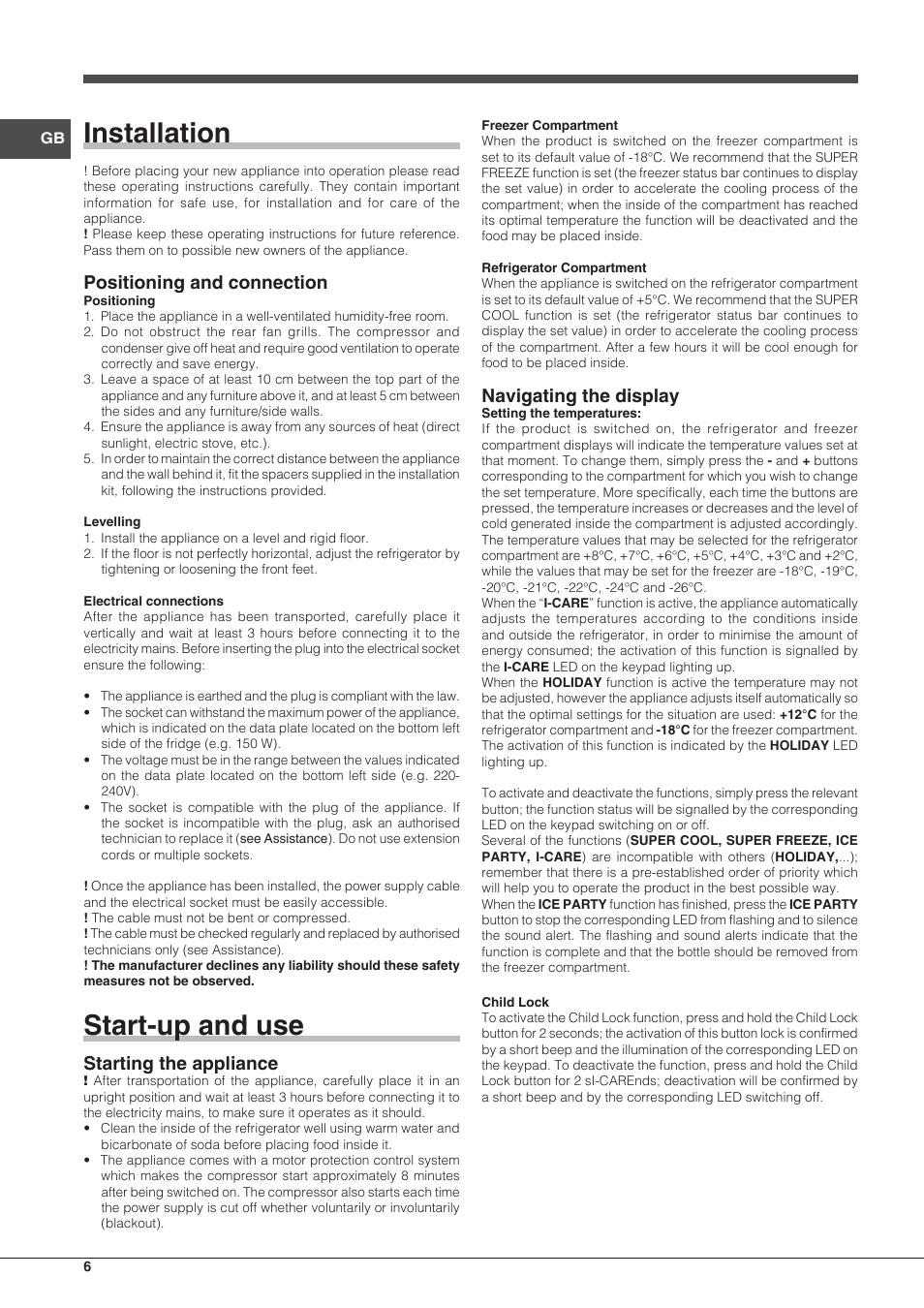 Installation, Start-up and use, Positioning and connection | Starting the appliance, Navigating the display | Indesit IB-34-AA-F-H-D User Manual | Page 6 / 16