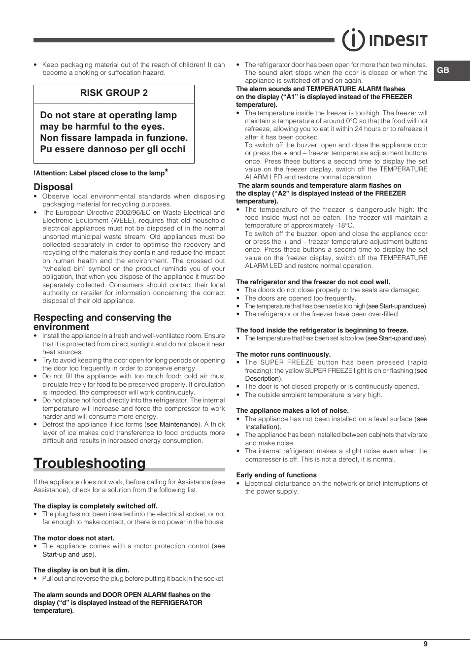 Troubleshooting, Disposal, Respecting and conserving the environment | Indesit IB-34-AA-F-H-D User Manual | Page 9 / 16
